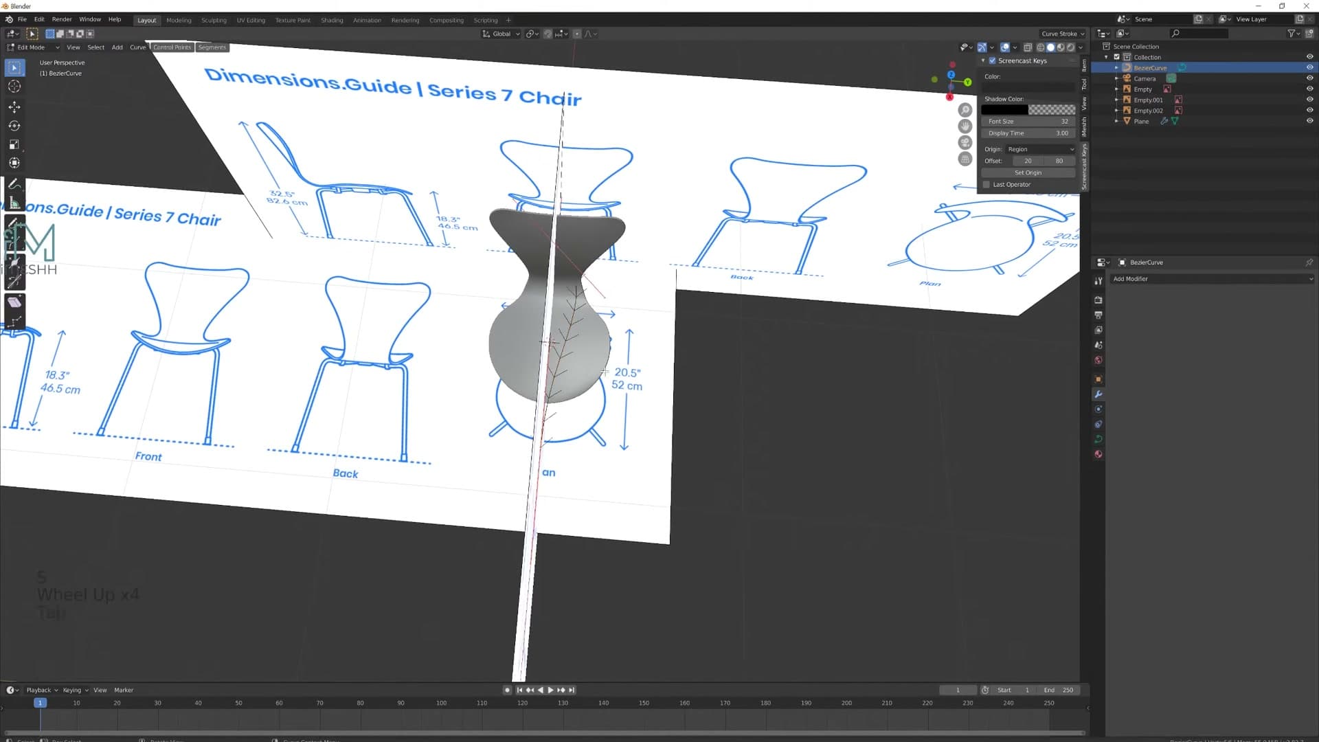 Bezier curve added at the world origin so the Mirror modifier reflects cleanly across the chair centre.