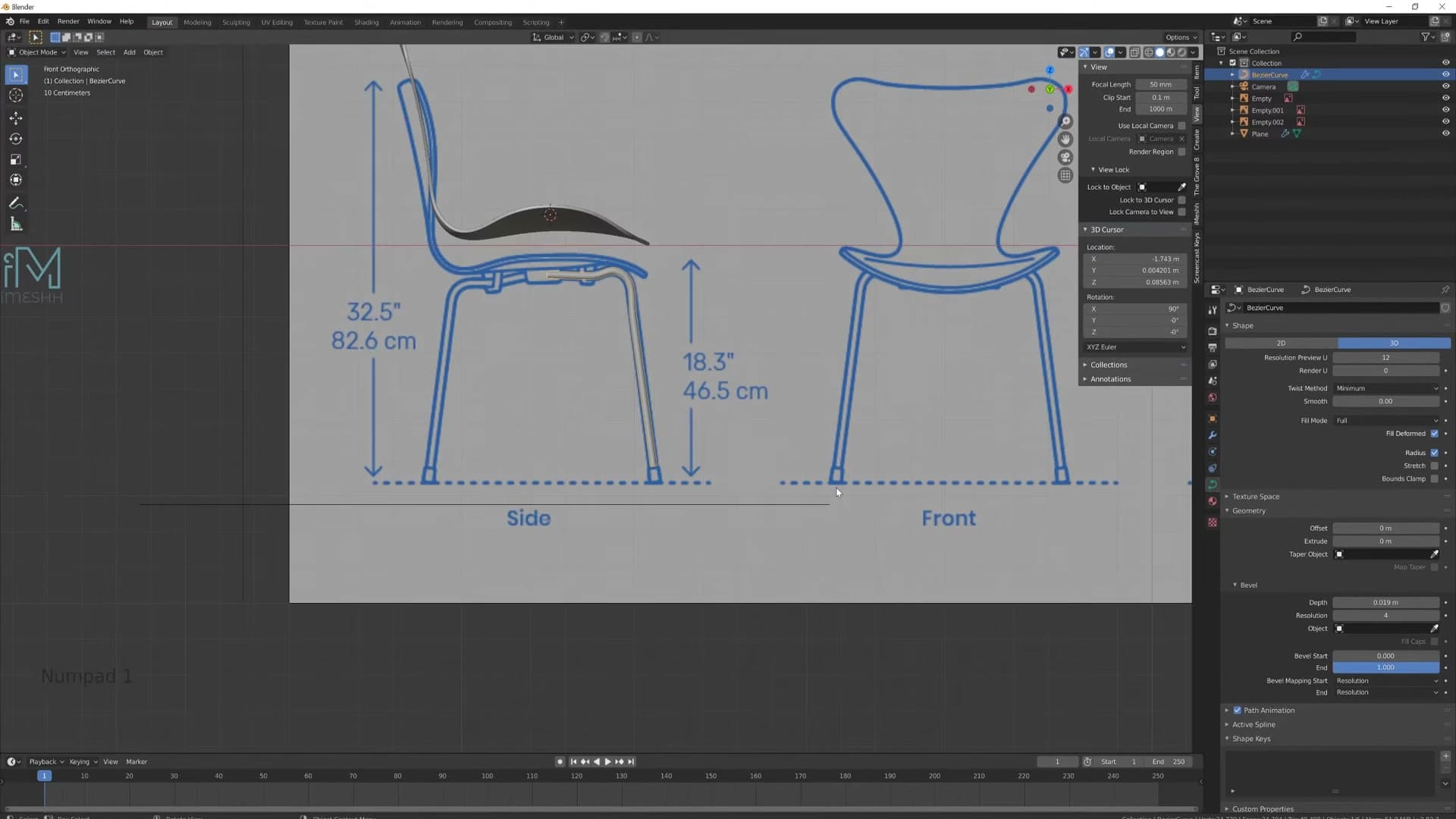 Overlays panel with Normals turned off, so the leg curve is no longer cluttered by tangent indicators.