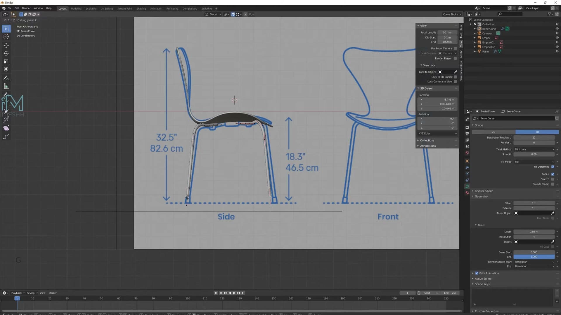 Second leg created by Shift+D and rotated 90 degrees on Z so the chair has front and back legs.