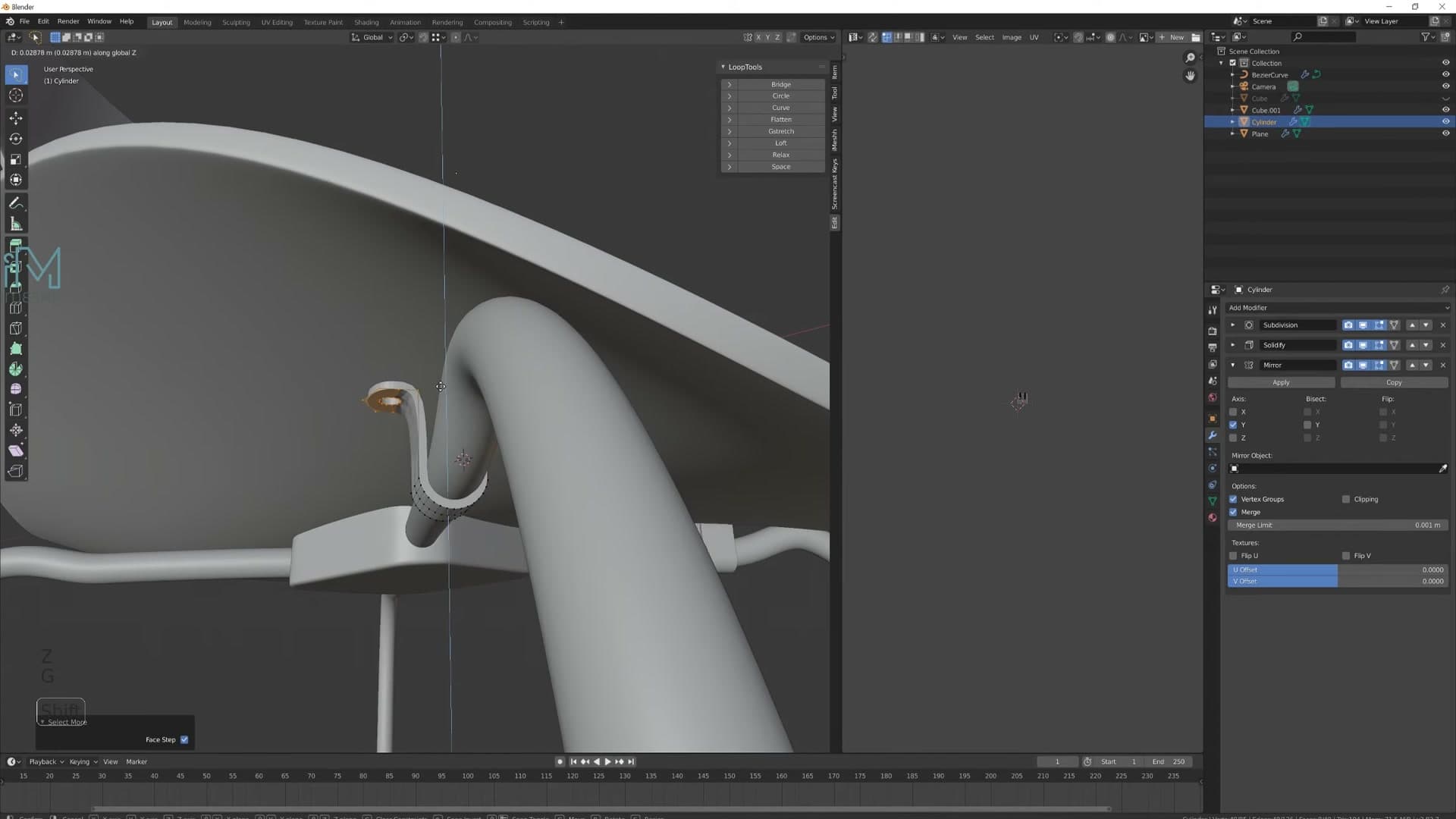 Solidify and Bevel-by-angle at 85 degrees applied; brace now has thickness with crisp corners only.