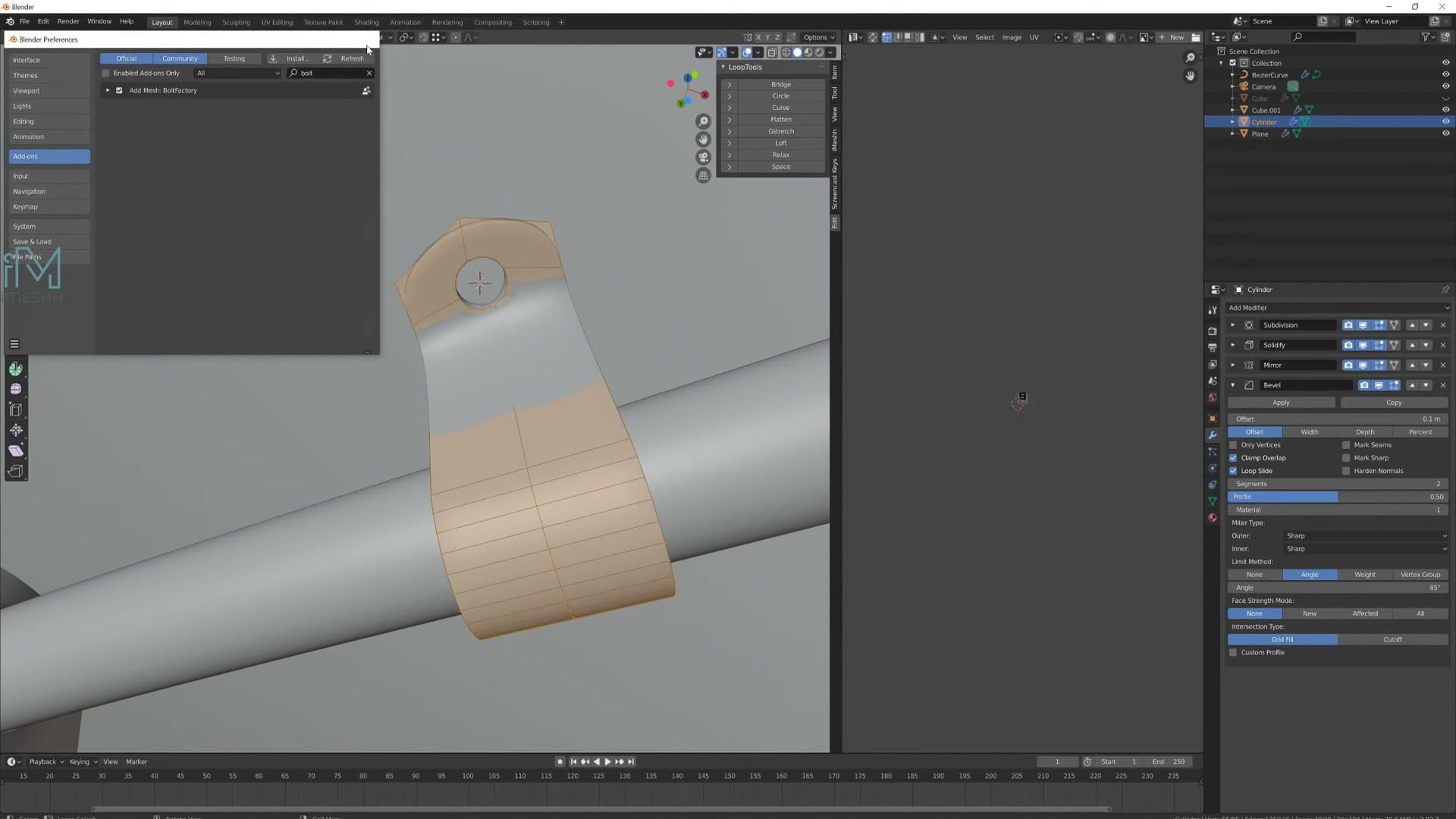 Bolt Factory enabled in Preferences; Shift+A Mesh Bolt now adds parametric screws.