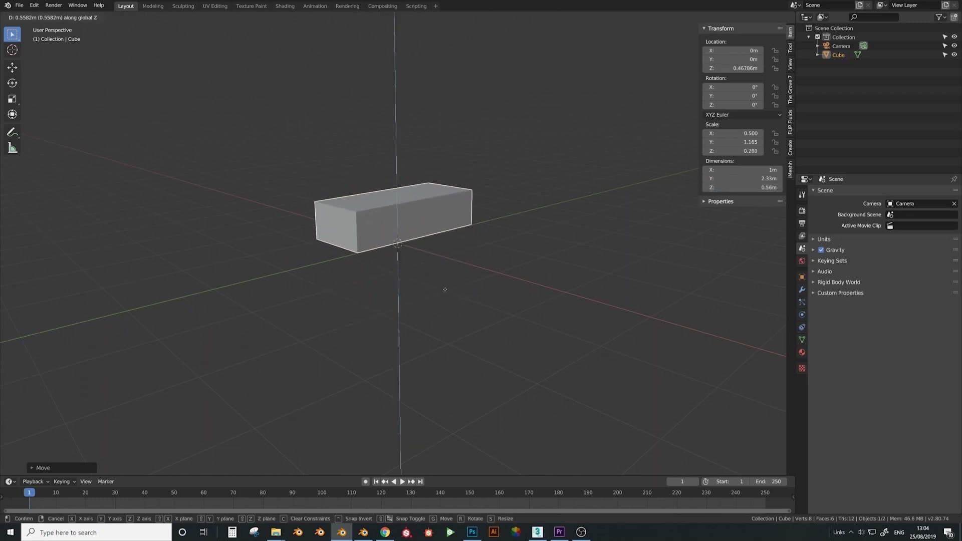 Cube scaled to approximate sofa dimensions in the N-panel.