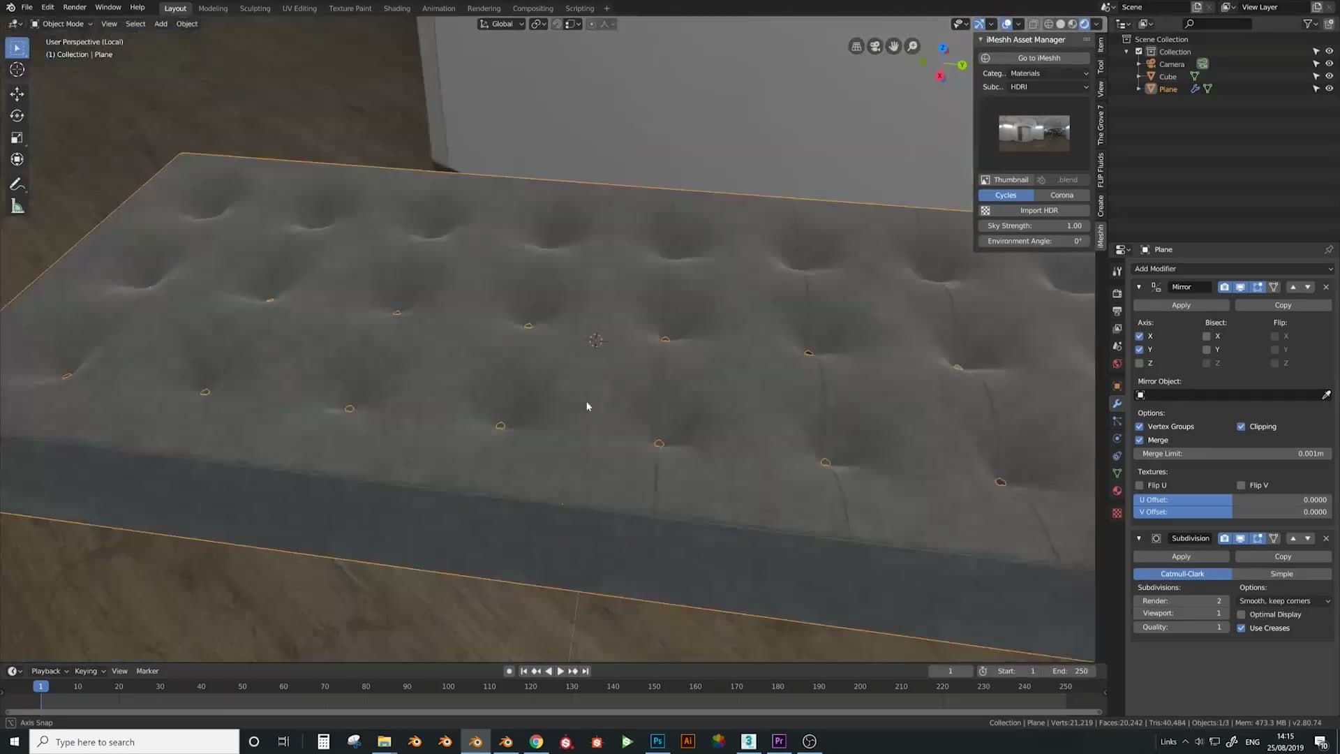 Default Material Library inside the iMeshh Asset Manager: one click applies a fabric.