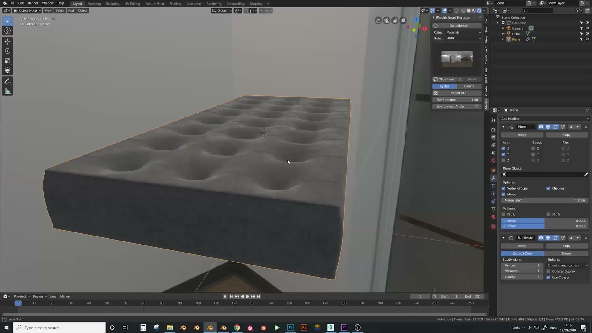 Rendered viewport with HDRI lighting: the buttoned upholstery reads correctly before any crease maps are added.