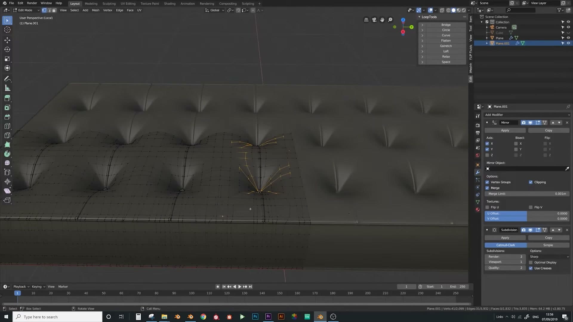 Cut mesh loaded back into Blender 2.8 with the fabric material reapplied.