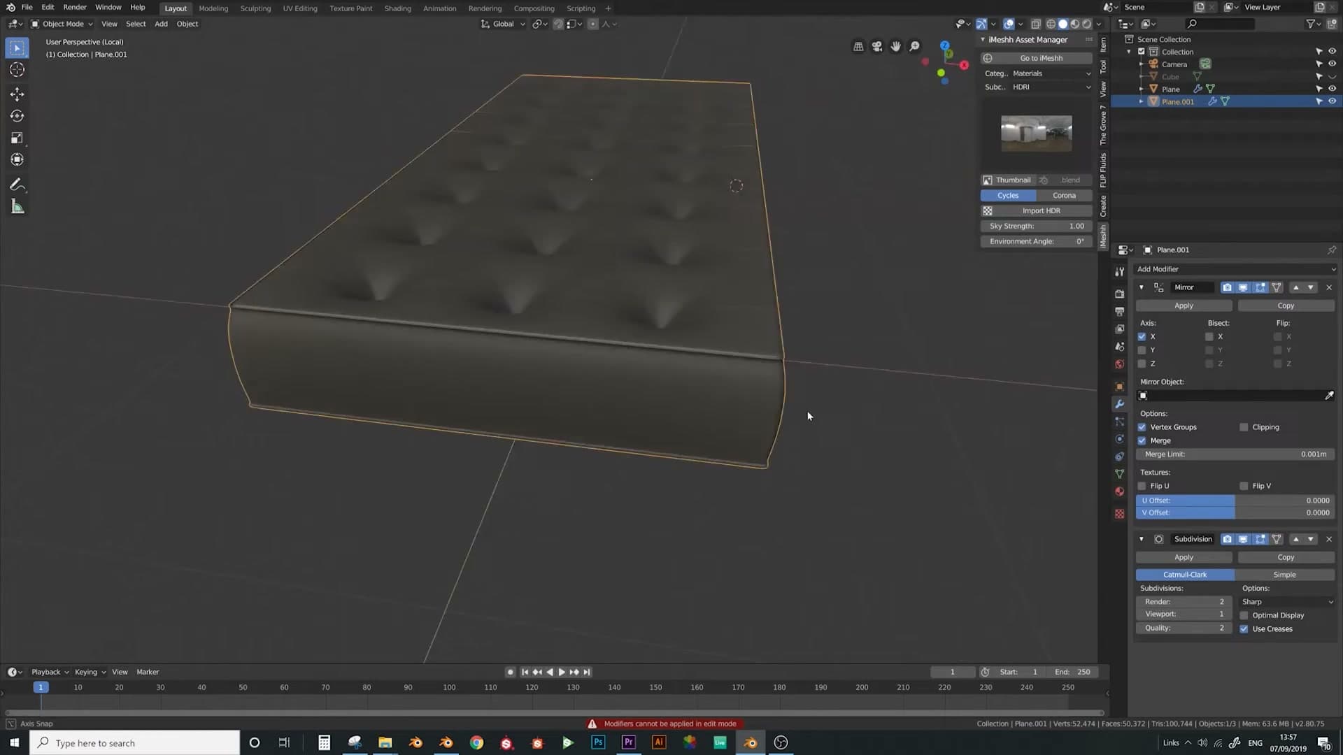 Mirror applied on one axis then a fresh Mirror added. Clipping back on so edits stay symmetric.