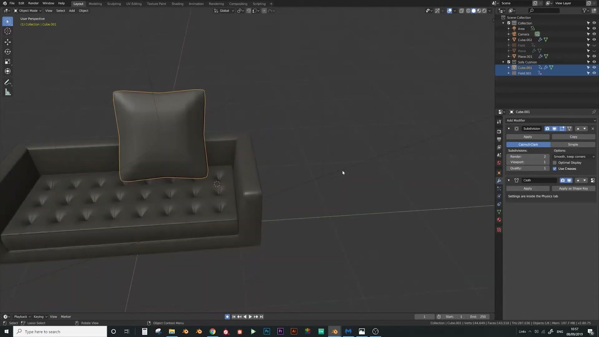 The finished sofa with simulated cushions we'll build in this part.