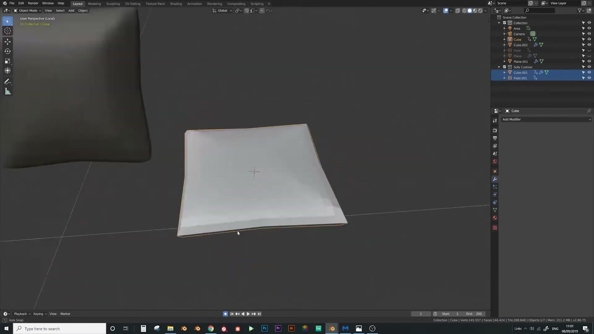 Selecting both face normals with Shift+G and pulling them outward to fake thickness.