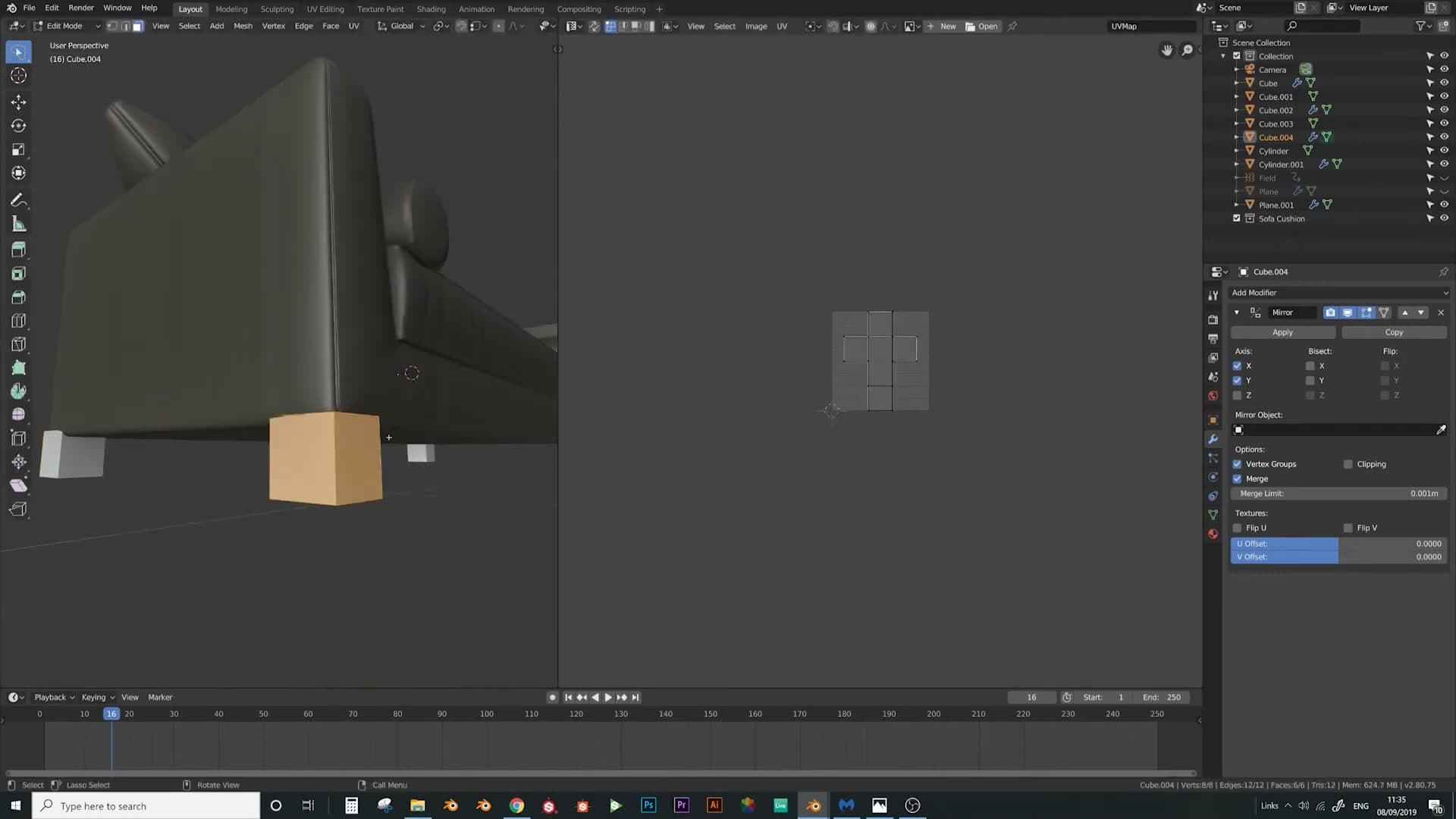 Single leg blockout duplicated across the sofa with a mirror modifier.