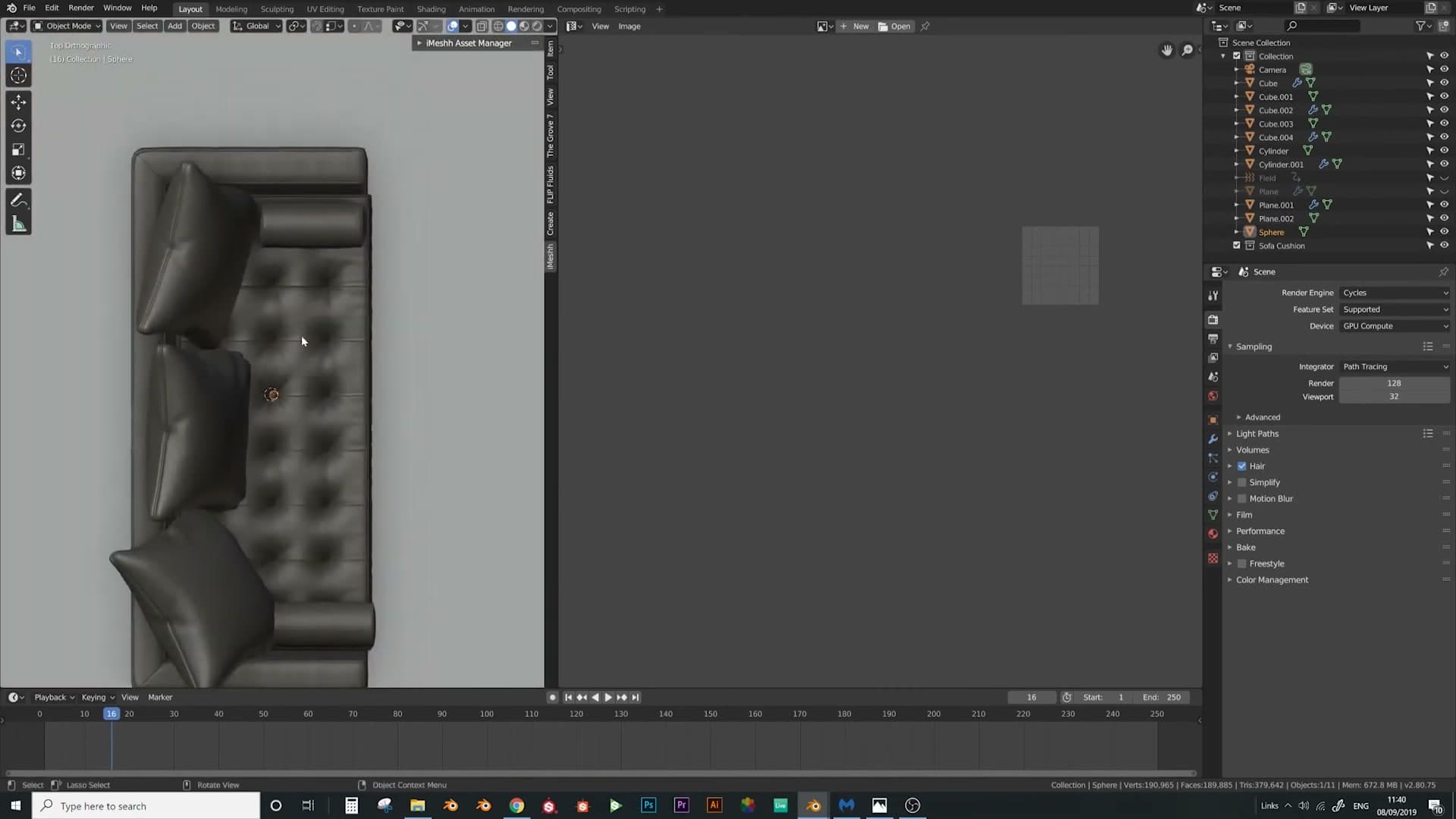Single UV-sphere button scaled in for the tufted look.