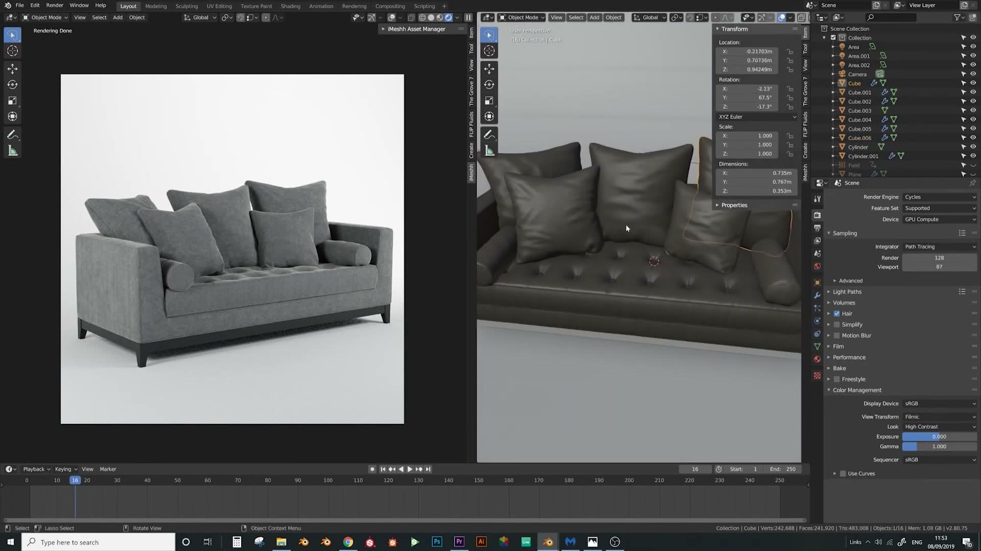 Smaller duplicate cushions placed at either end for a fuller sofa.