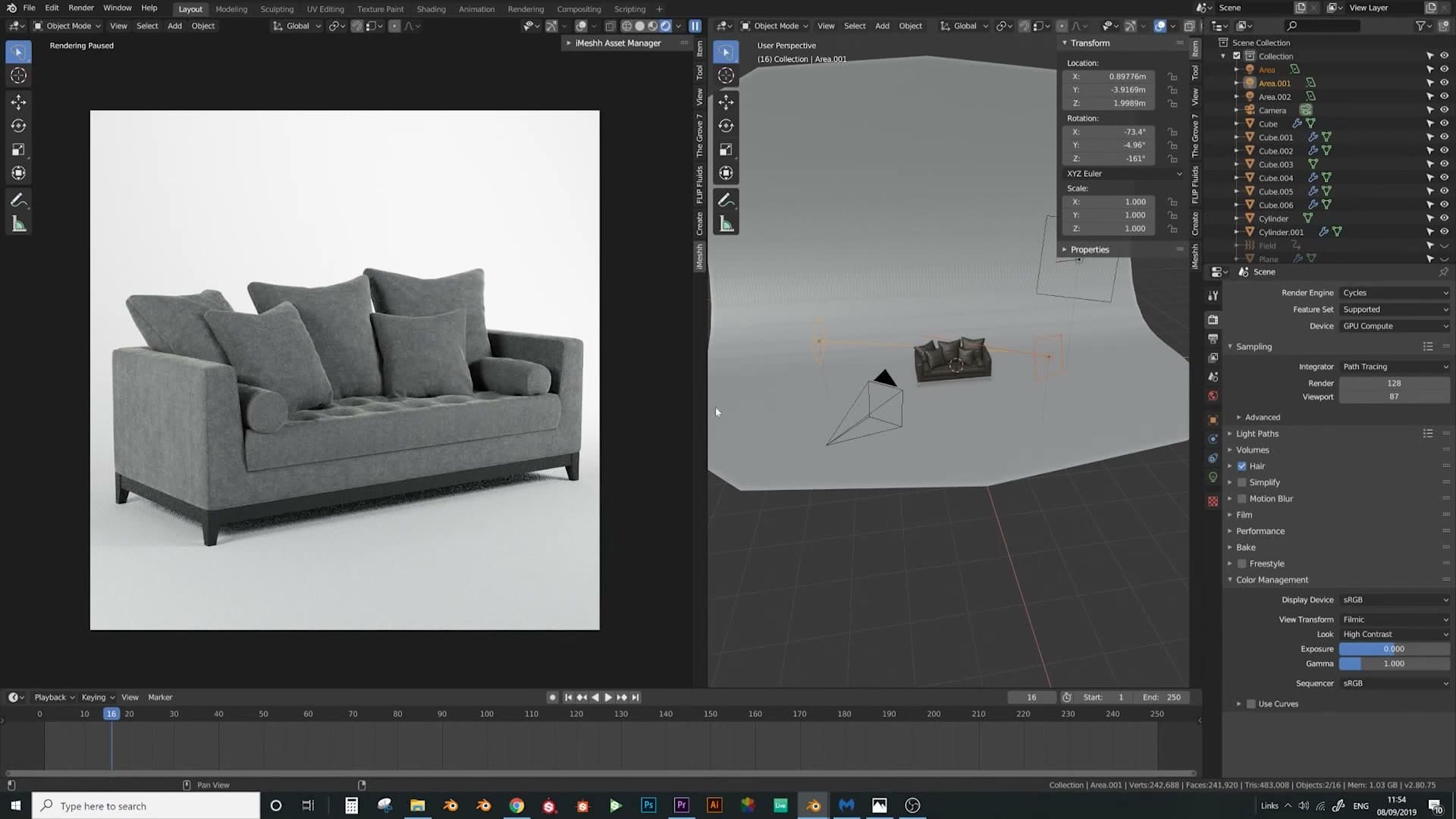 Final sofa lit by two side lights, a back glow light and a low HDRI.