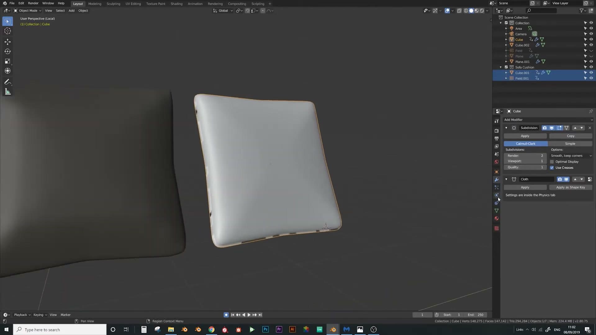 Subdivision surface added at quality 1 with the cloth modifier on top.