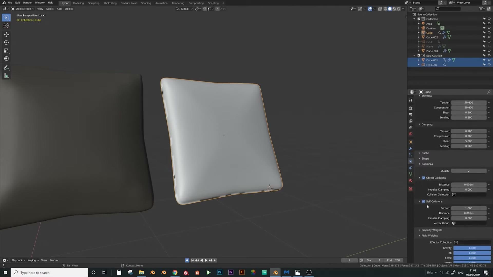 Self-collision distance 0.001 with friction 1 stops the cloth tearing through itself.