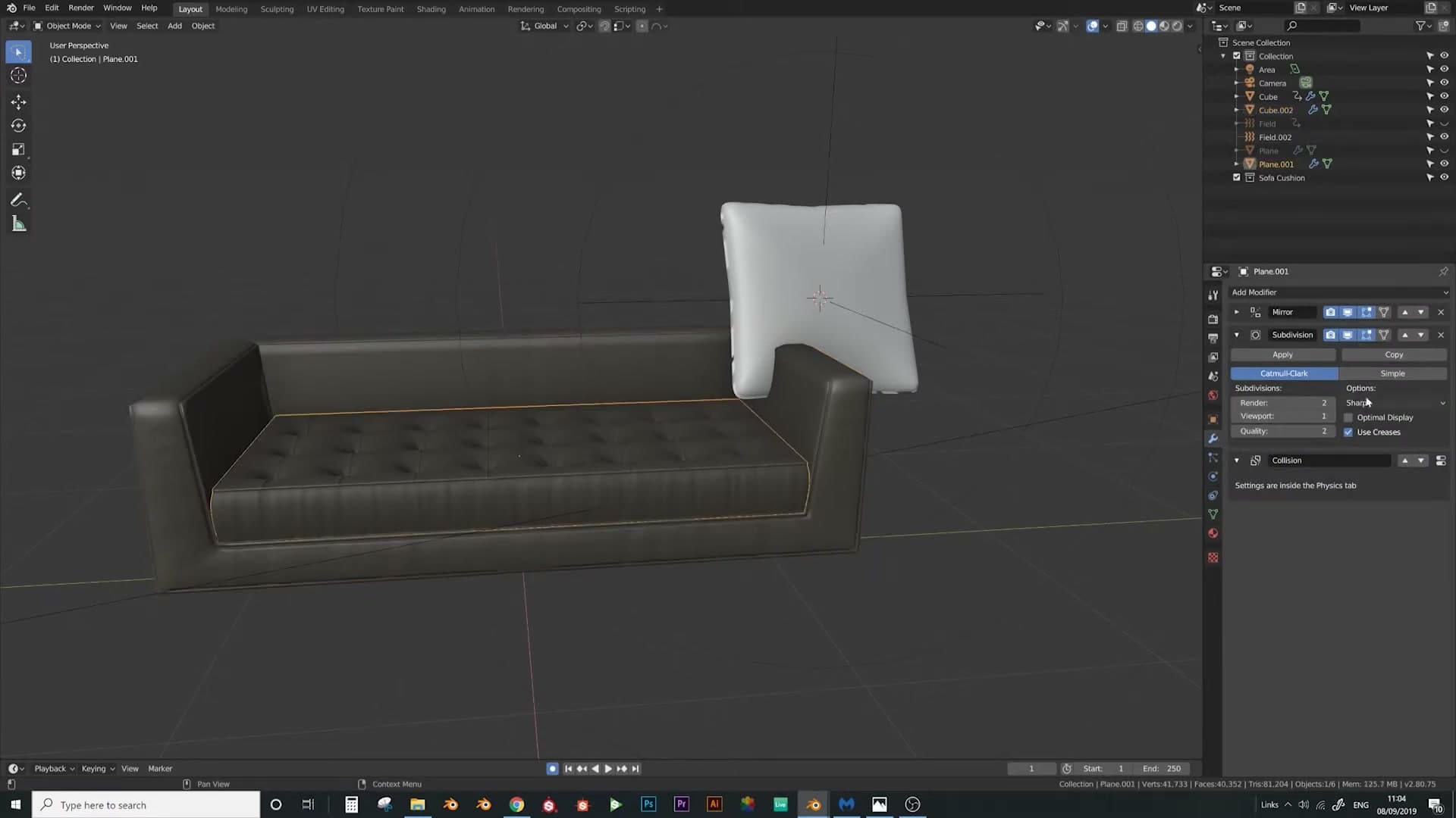 Collision physics added to both sofa halves so the cushion has somewhere to land.