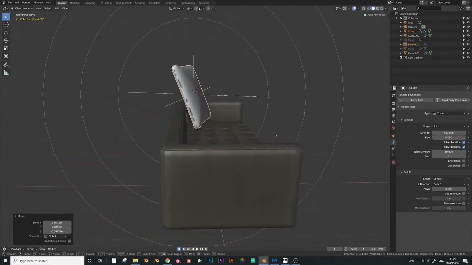 Subdivision toggled off on the collider mesh to keep the sim snappy.