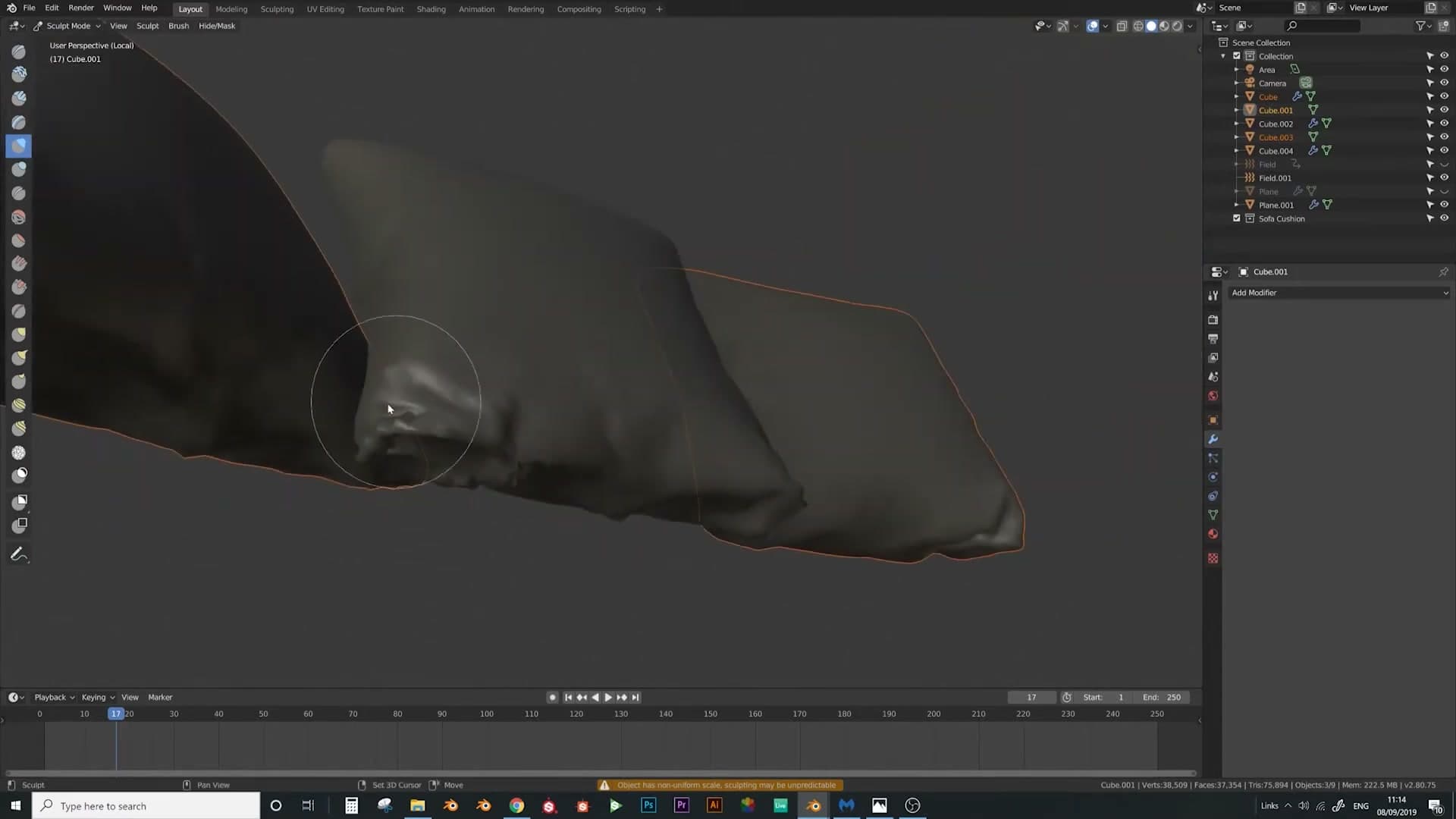 Sculpt Smooth (Shift+S) cleaning up any sim-jagged edges before beveling.