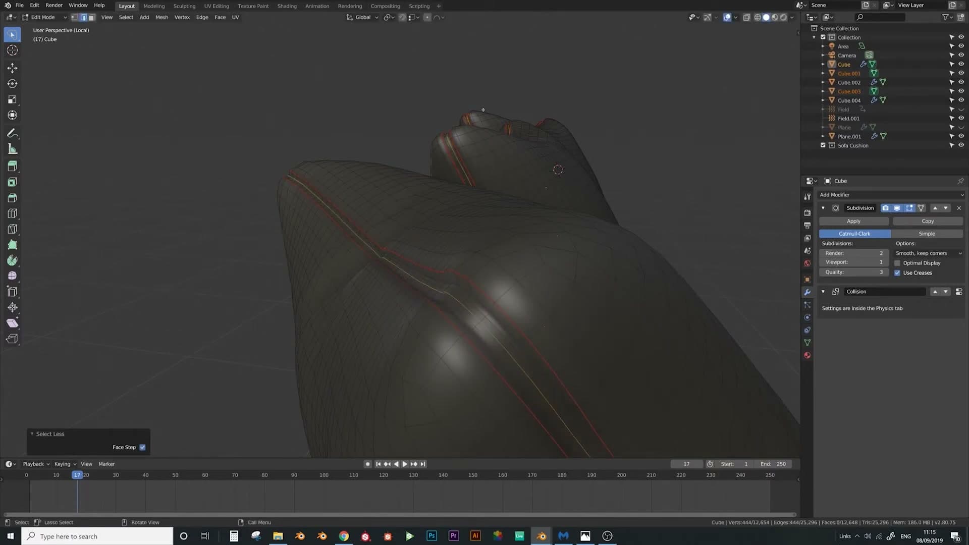 Bevel applied along the marked seam edge with multiple segments.