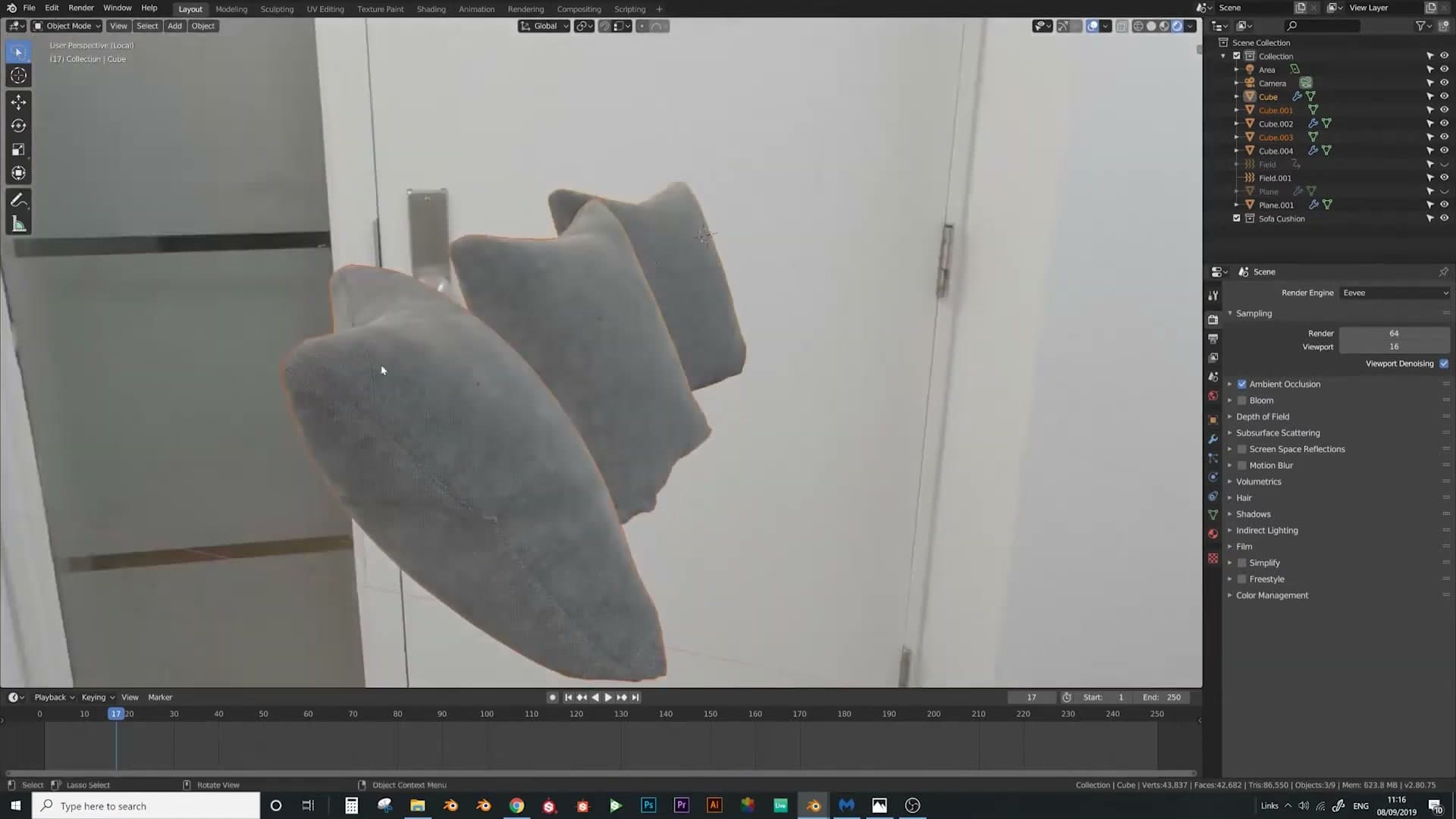 Cushions with seams and unwrapped UVs previewed in Eevee.