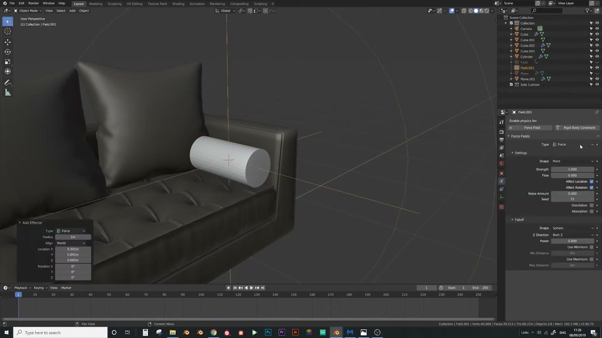Cloth values 150 / 0.5 / 50 / 2 with force strength 1000 for the round cushion.