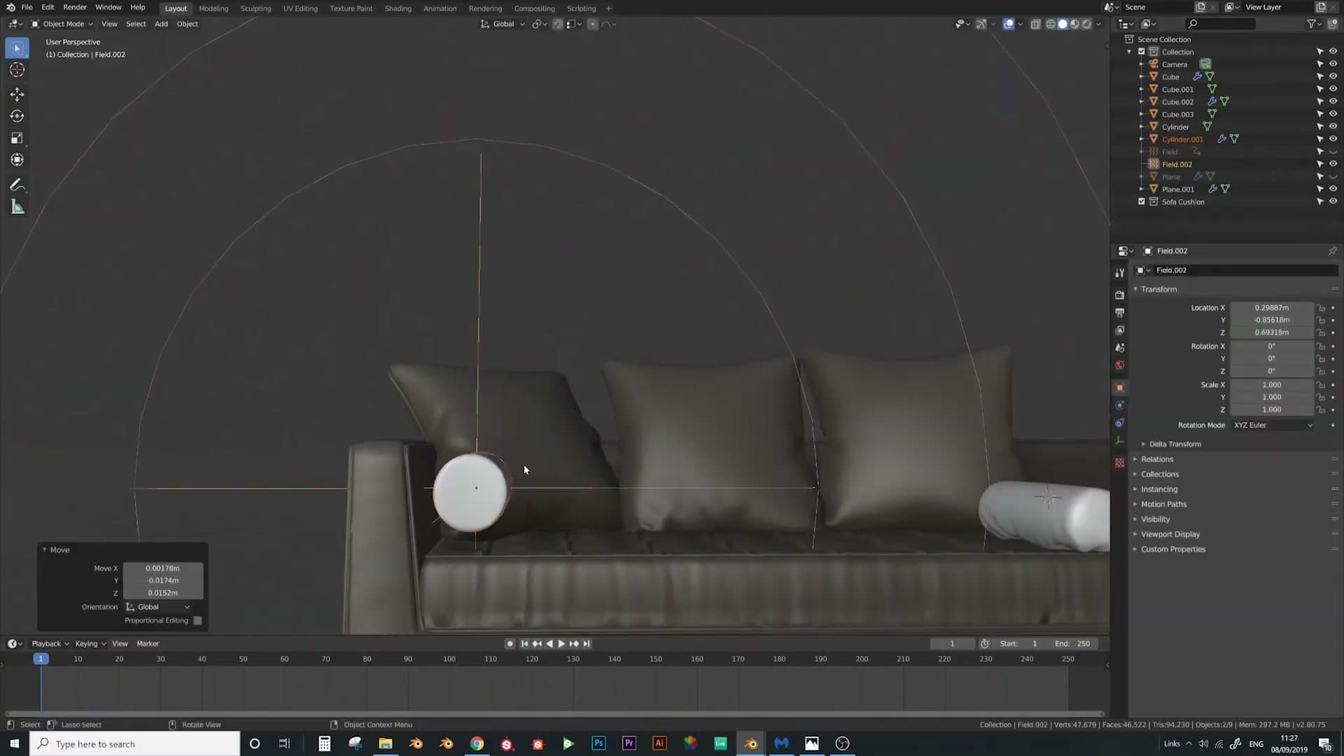 First round bolster mid-sim with the force field pushing it outward.