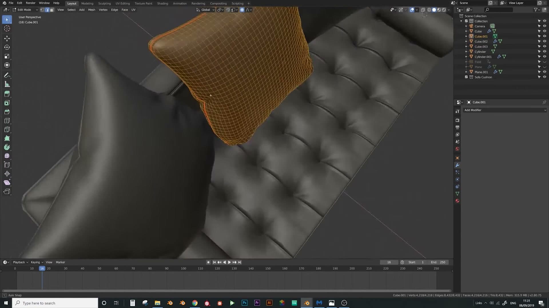 Tucked round-cushion seam after Alt+S with proportional editing.