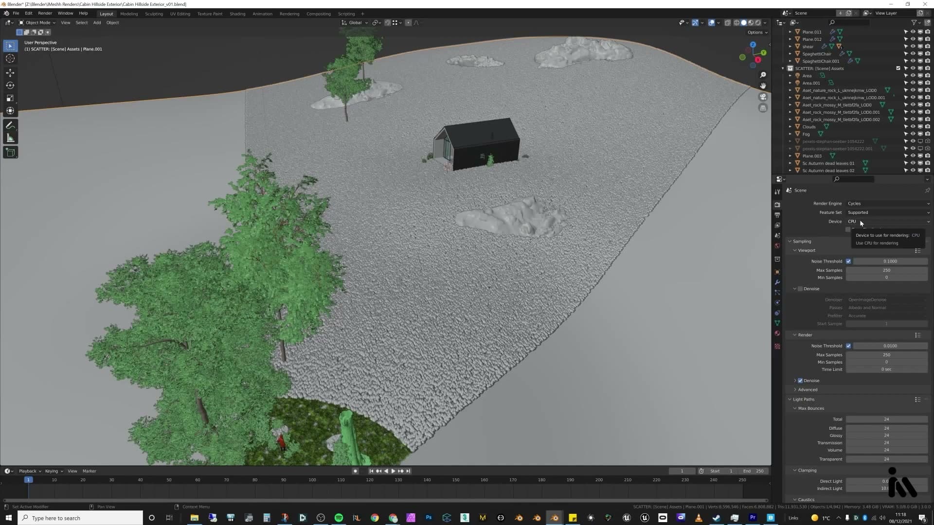 Foreground rocks sunk into the grass to hide plant-pot edges and break up the foliage.