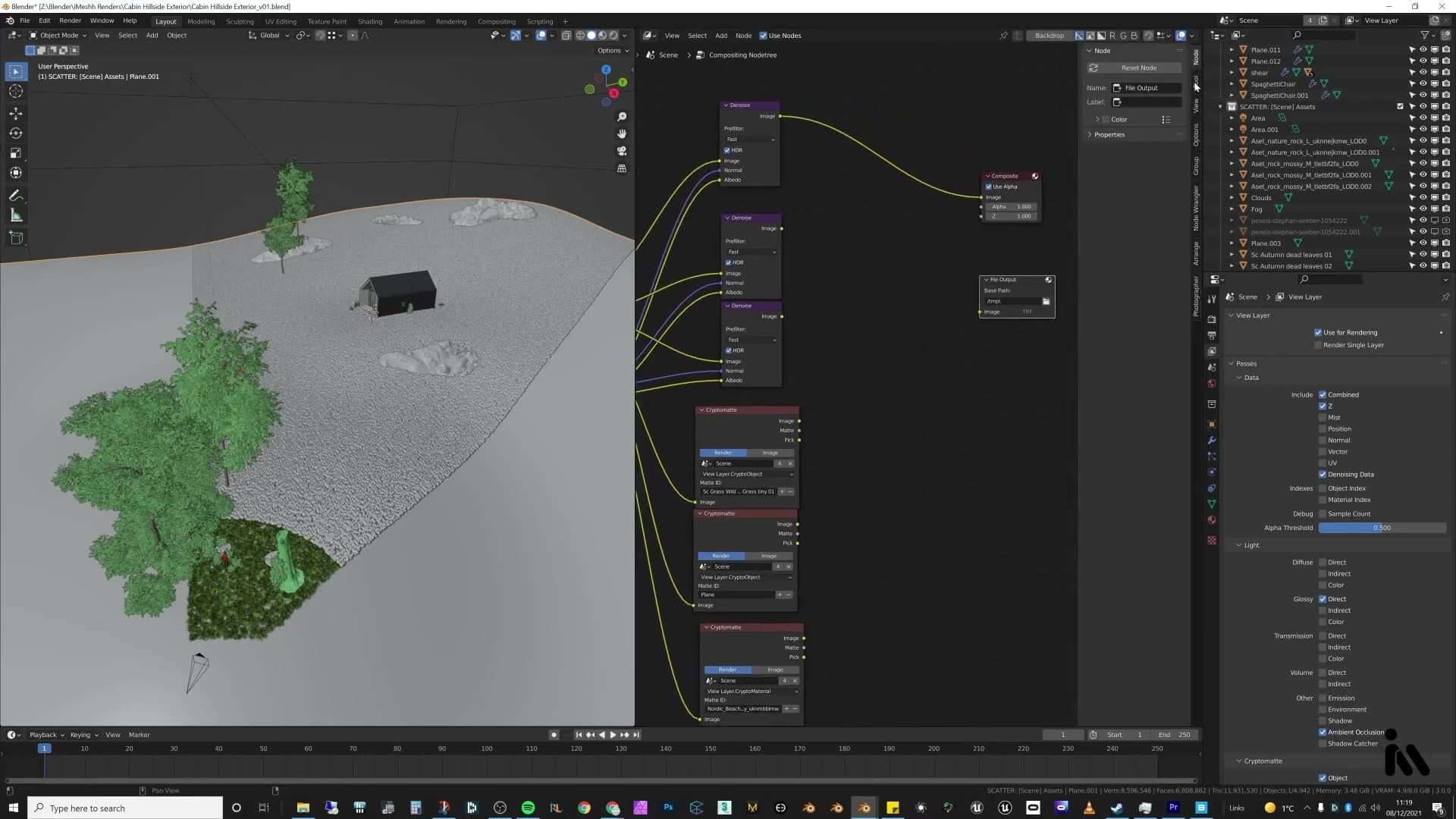 Cycles: 250 samples, 0.01 noise threshold, light path bounces set to 24.