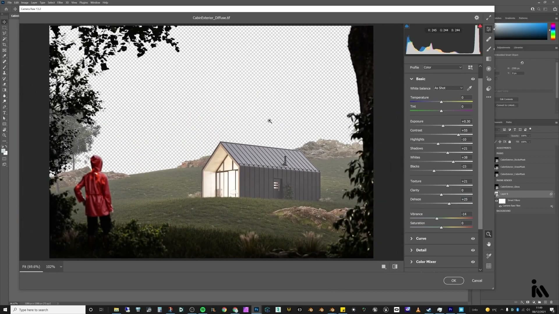 Camera Raw basics panel: incremental exposure, contrast, highlights and shadow lifts.