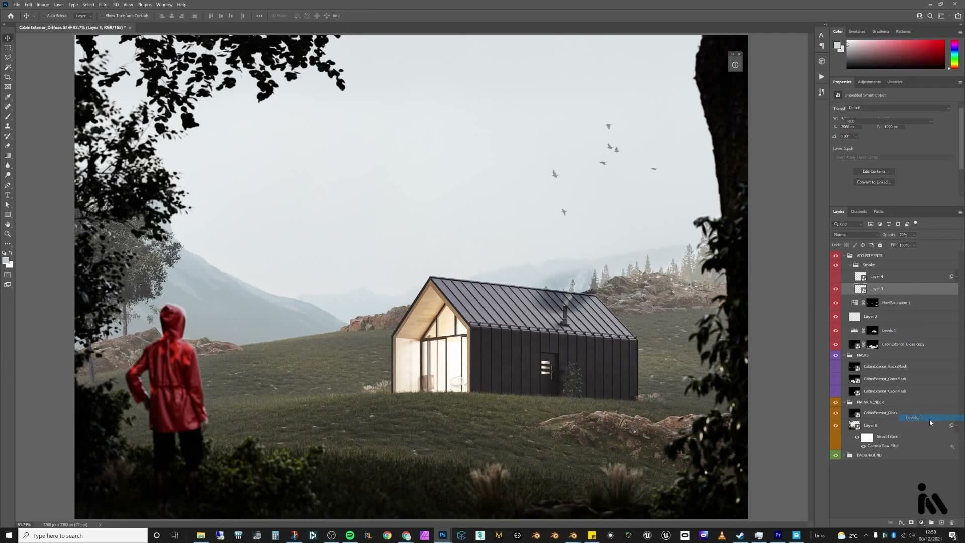 Pexels smoke warped sideways and set to overlay above the cabin.