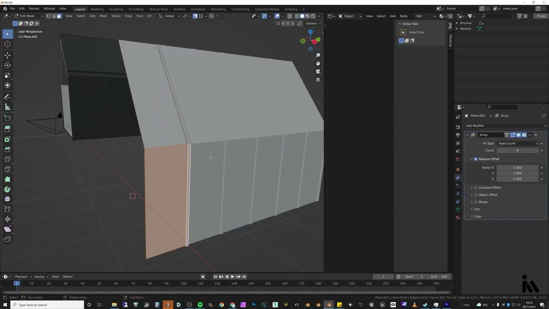 Corrugated metal walls built from a single plane with an array modifier.