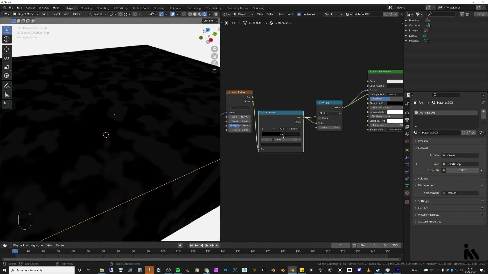 Density shader chain: colour ramp tightening the values, multiply darkening the result before feeding the volume.