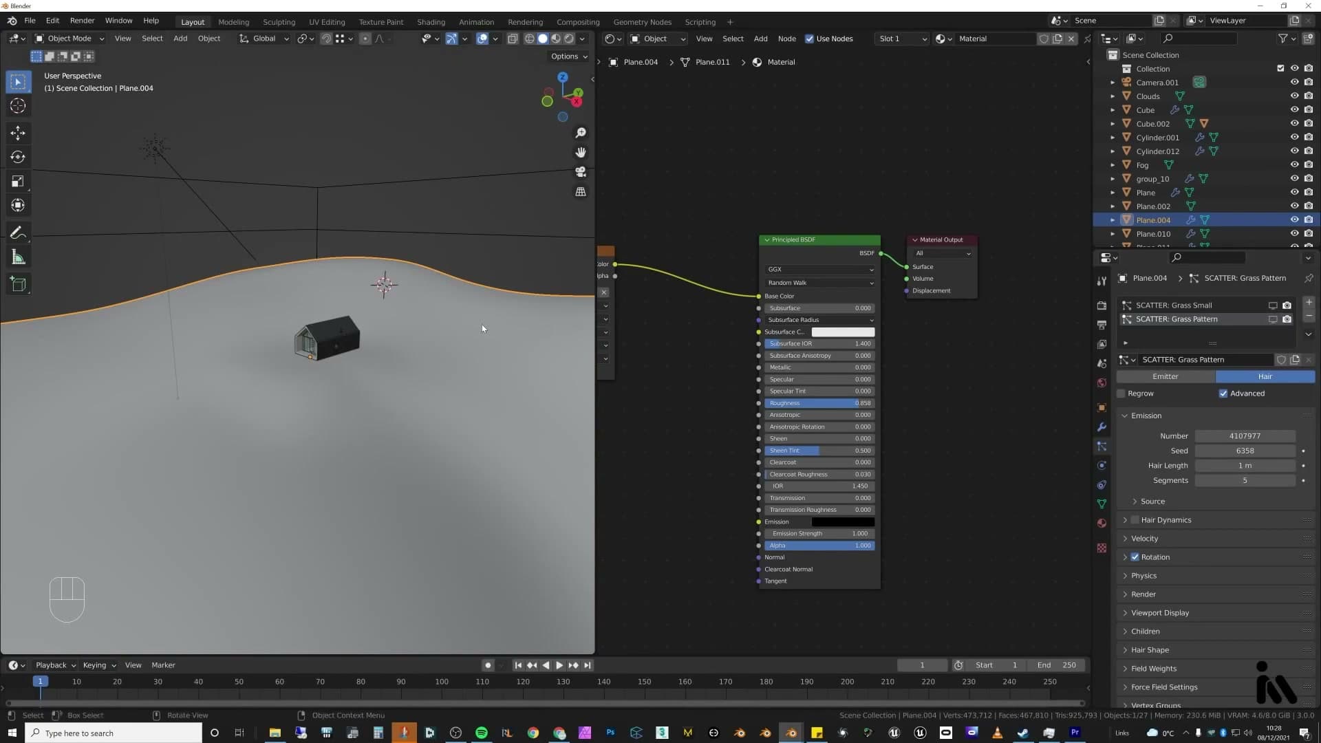 Viewport struggling under a vanilla particle-system grass scatter.