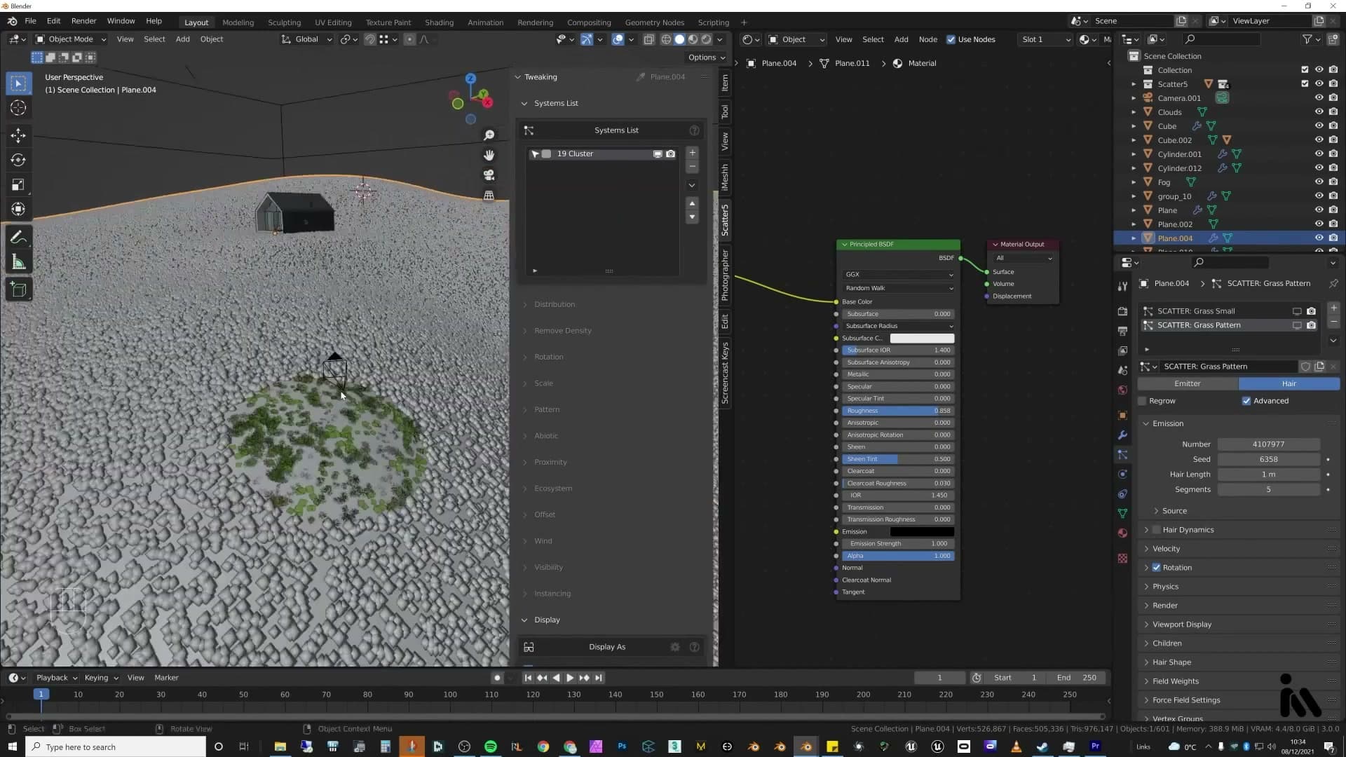 Reveal-near-camera turned on: only foreground grass renders as geometry, the rest stays as dots.