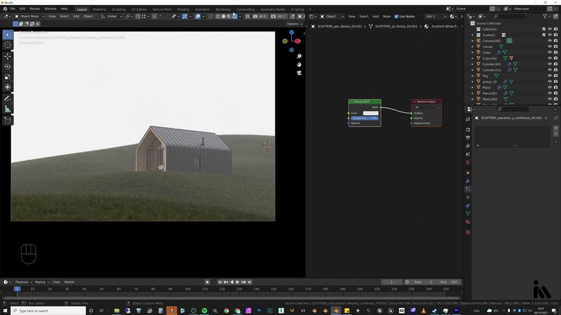 Render preview: full grass density, viewport handles it because the geometry only resolves at render time.