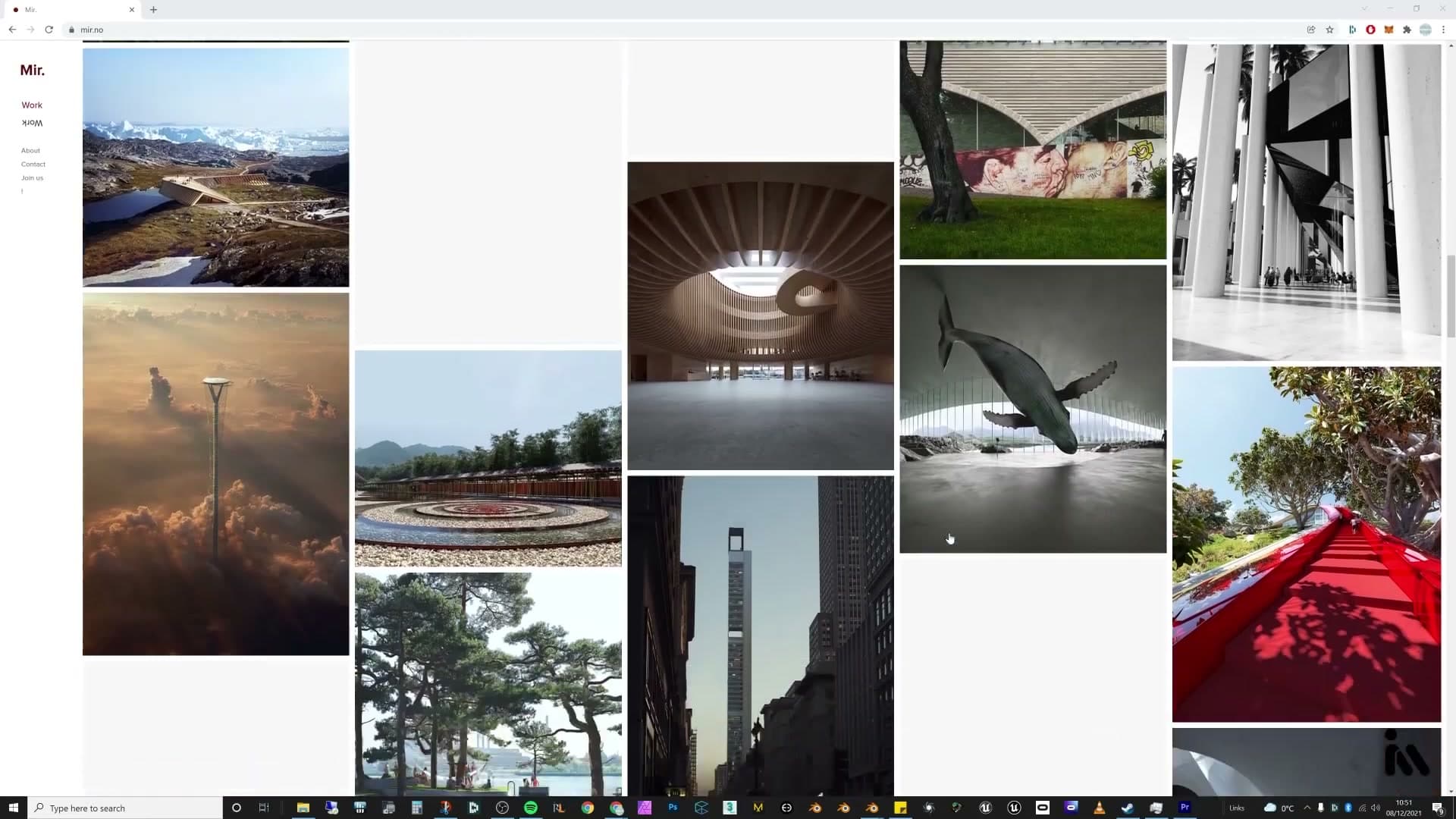 Browsing mir.no: every frame layers a foreground vignette, a building, and a setting.