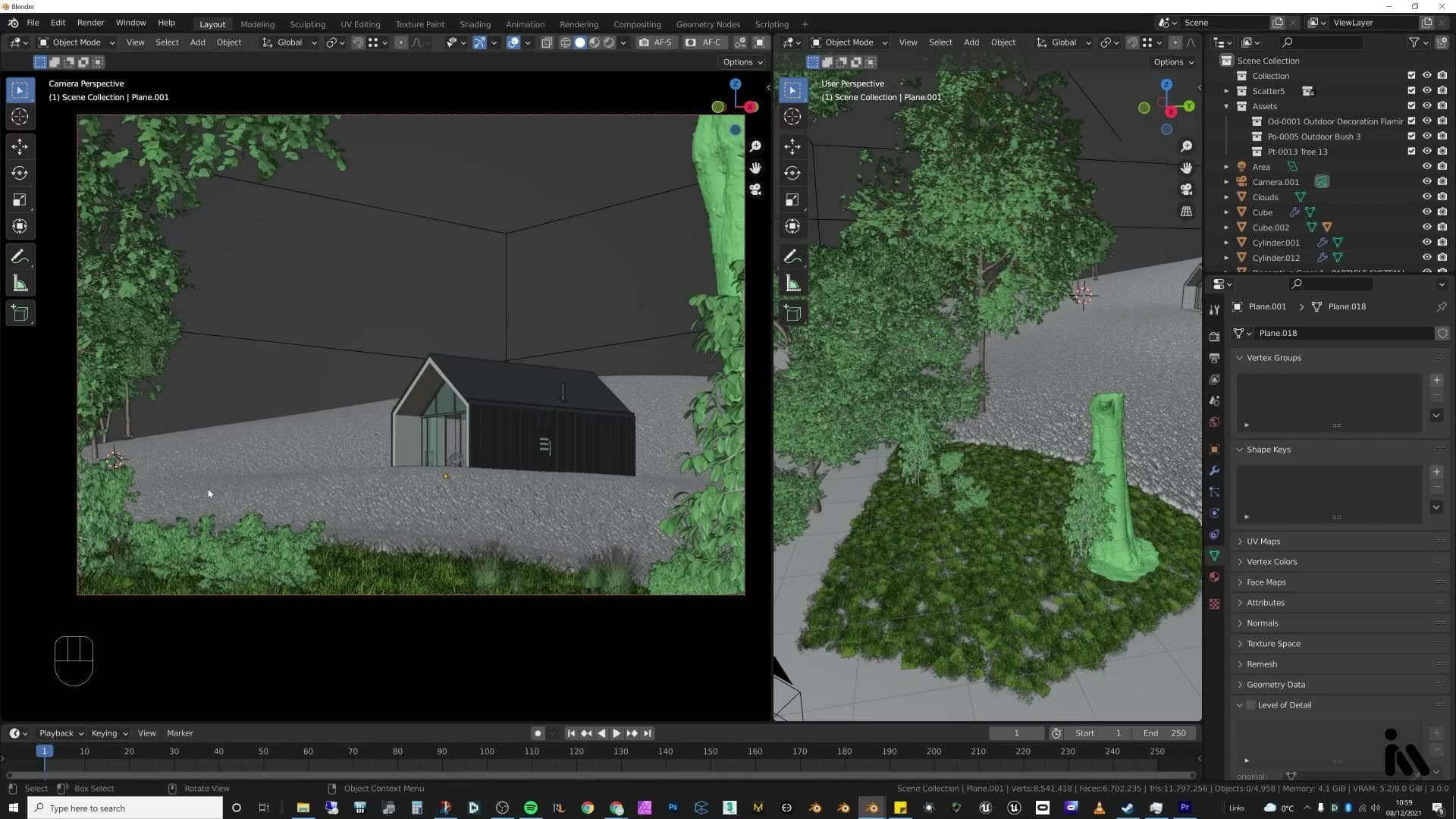 Trees arranged as a partial canopy over the camera with more clustered behind the cabin.