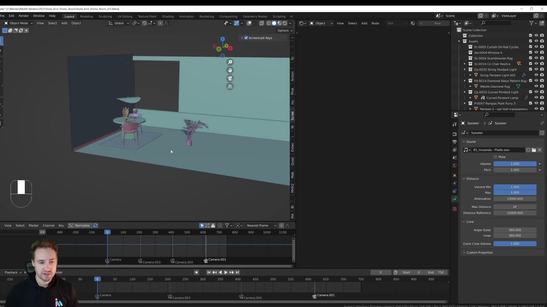 The whole scene viewed from outside. Backface culling keeps the room visible from any angle, a must-have for archviz.