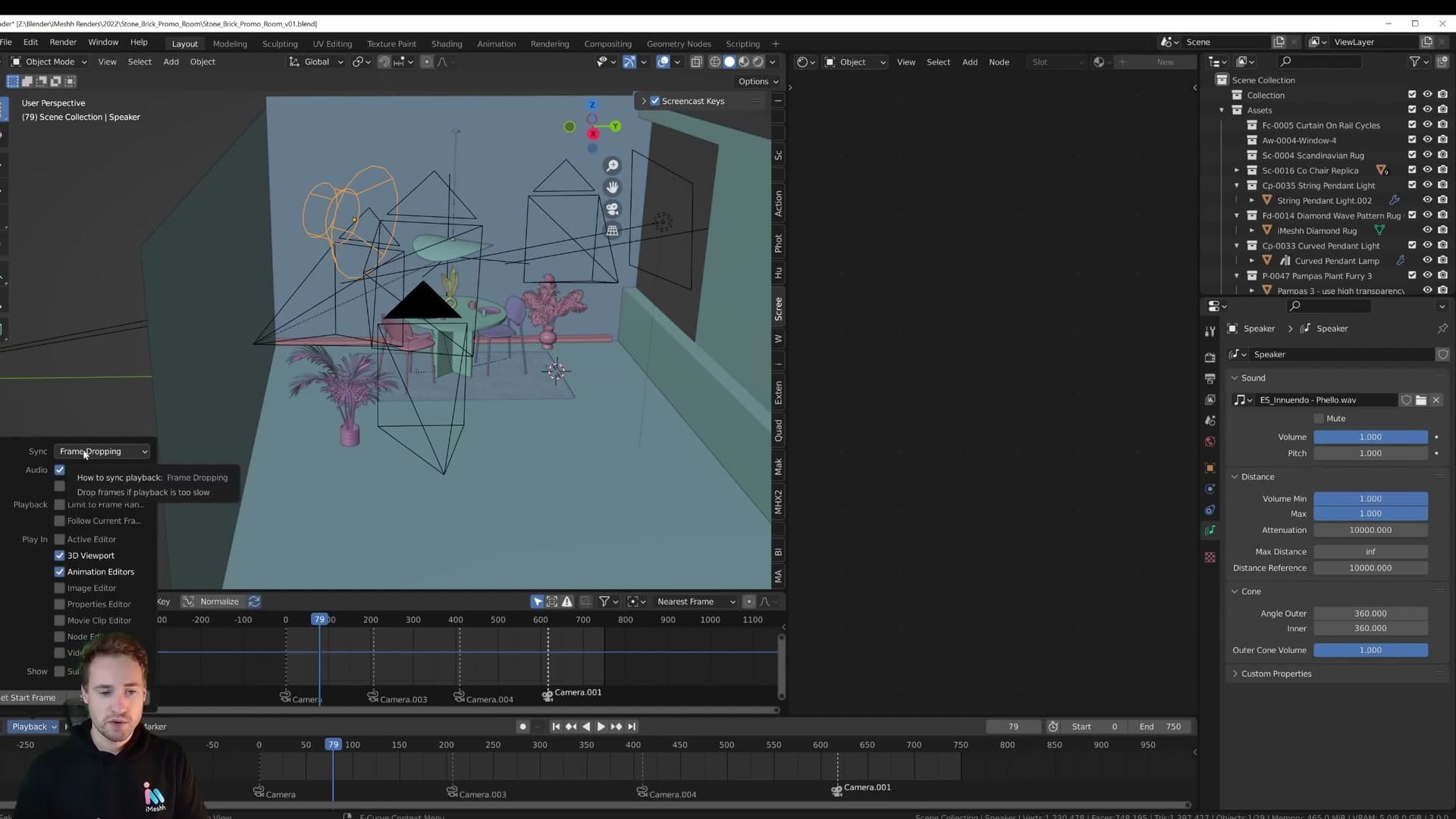 Playback > Audio Scrubbing and Frame Dropping enabled. Scrubbing the timeline now plays audio so you can land keyframes on the beat.