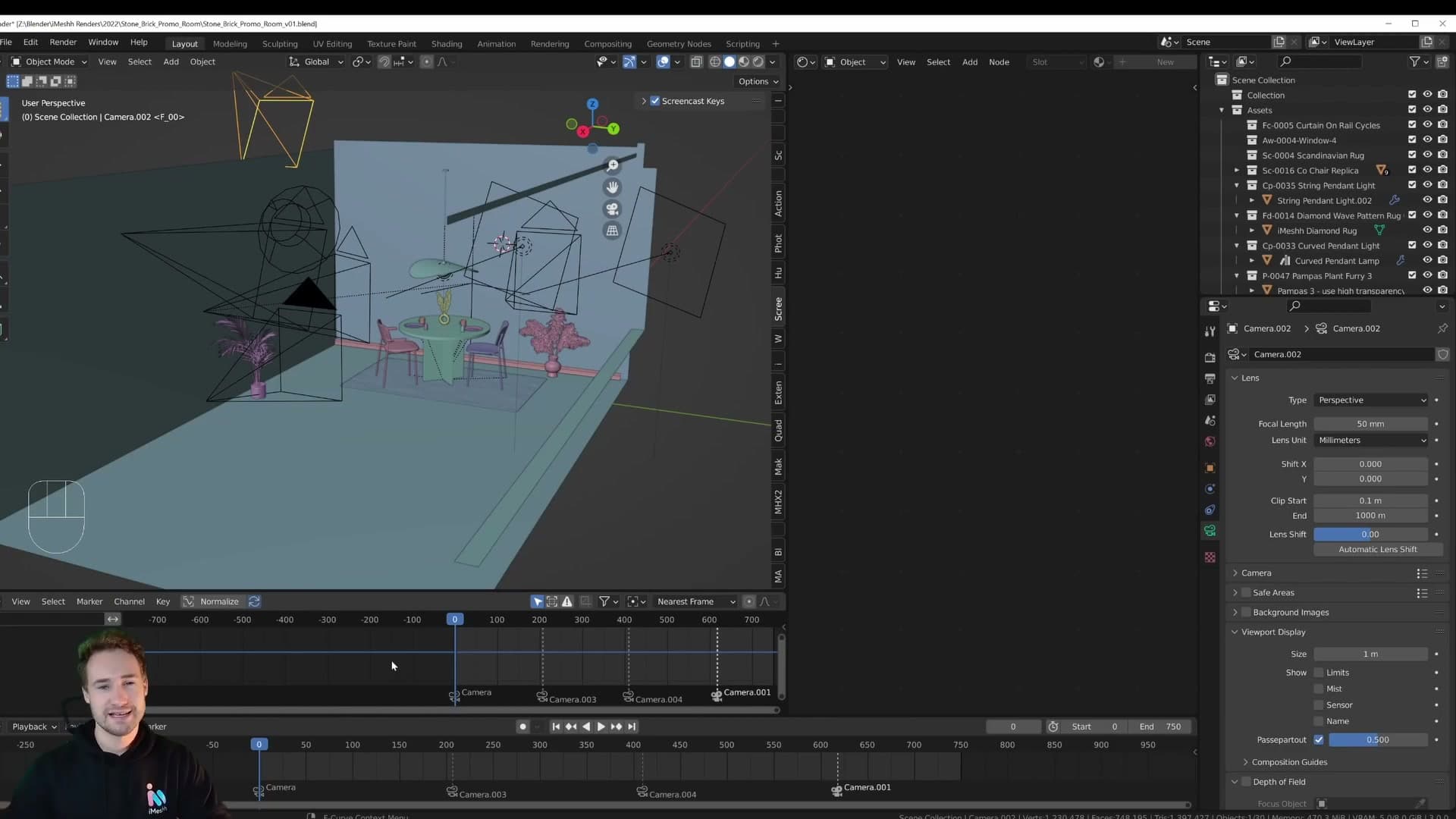 Every camera in the final video moves at the same constant speed. No slowing into or out of the cut.