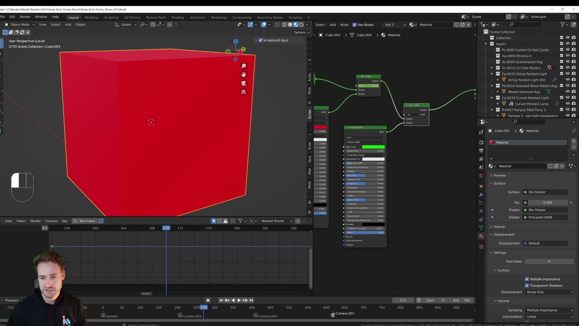 Adding a third material with another Mix Shader stacked on top. Keyframes ensure only one material is fully visible at a time.