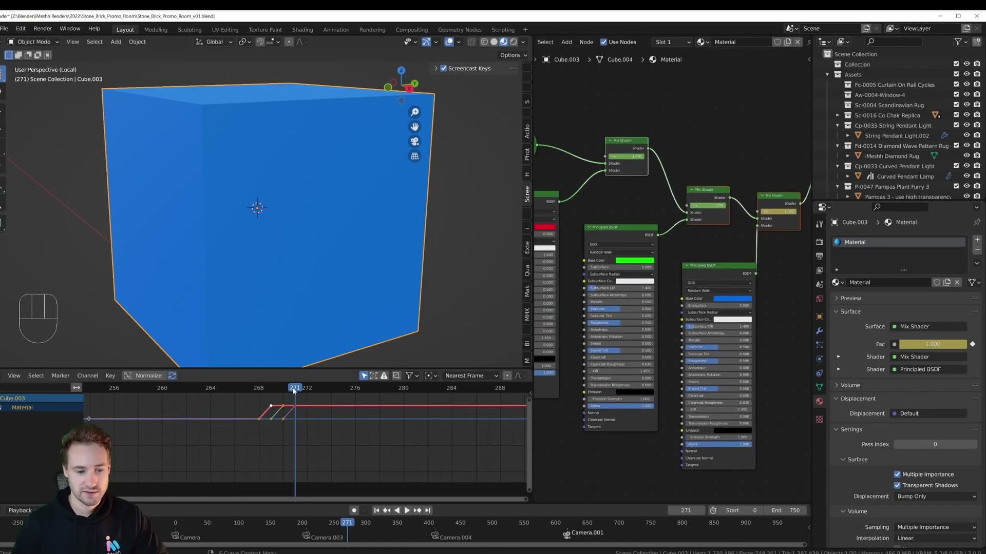 The full switcher: shader Mix Shaders on top, Mix nodes on the displacement output below. Both switch together at every beat.