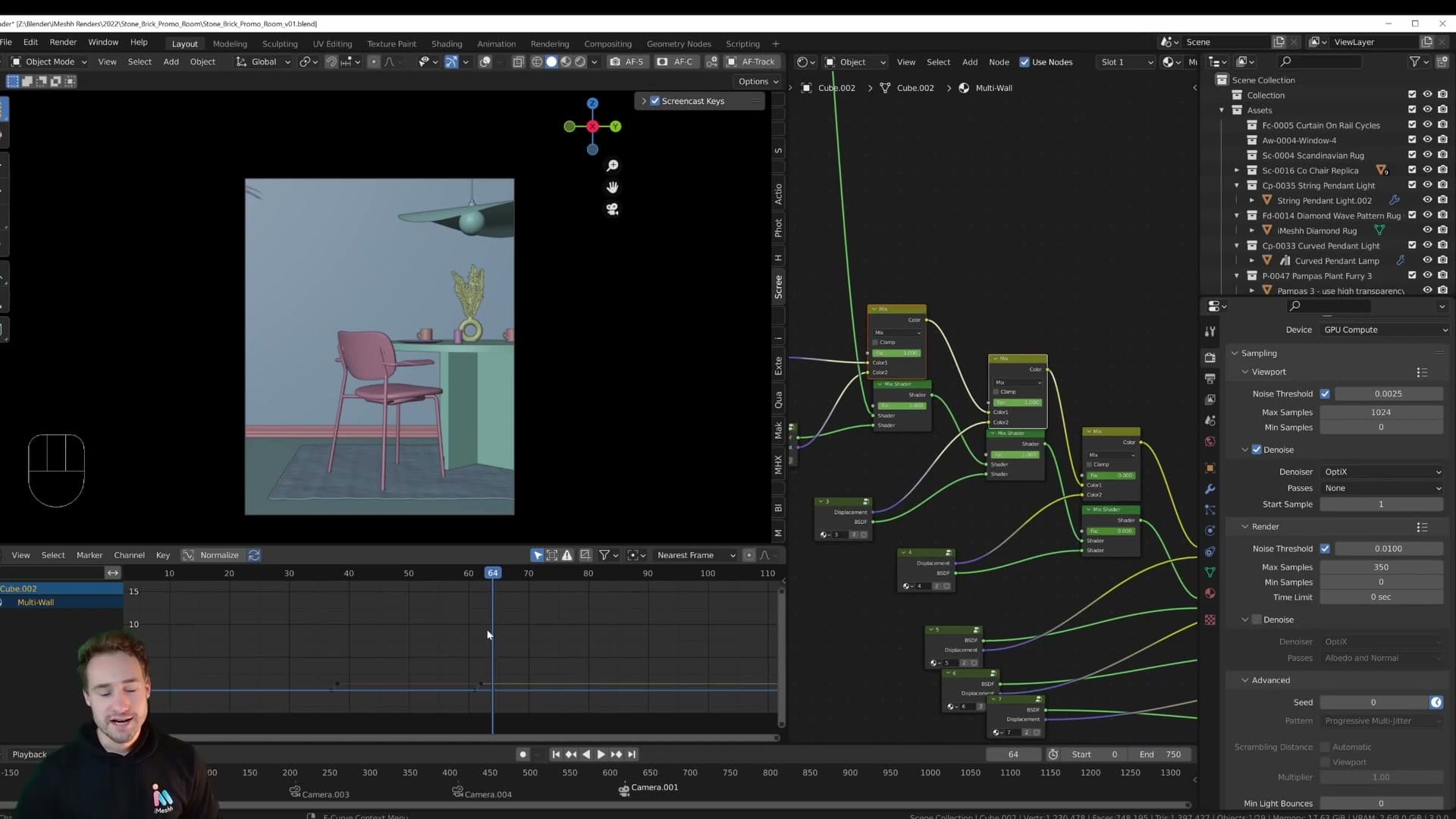 All material-switch keyframes selected in the dope sheet. Each cluster lands on a downbeat of the music.