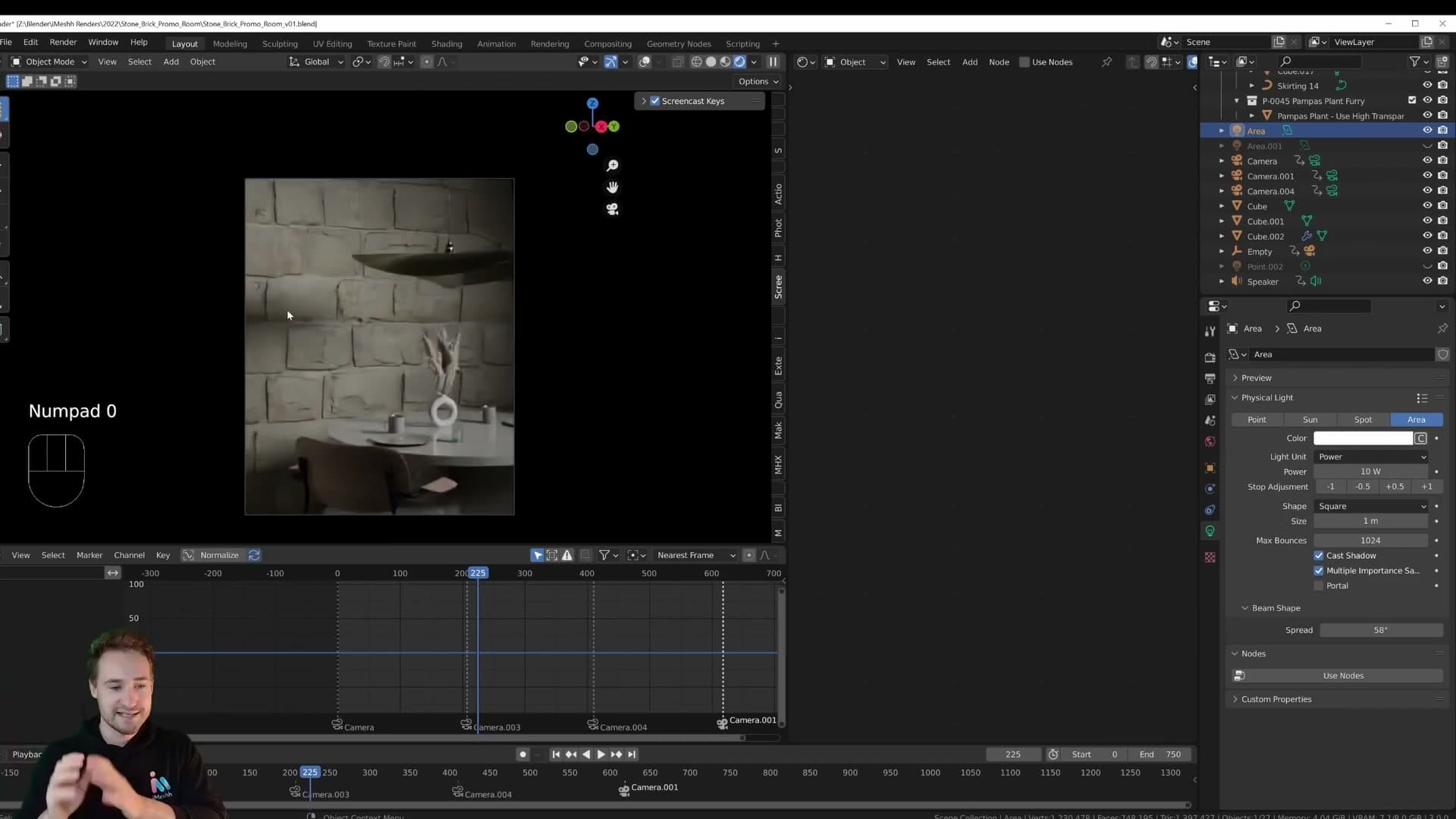 Spread = 180°: a very wide-angle light, similar to a default area light.