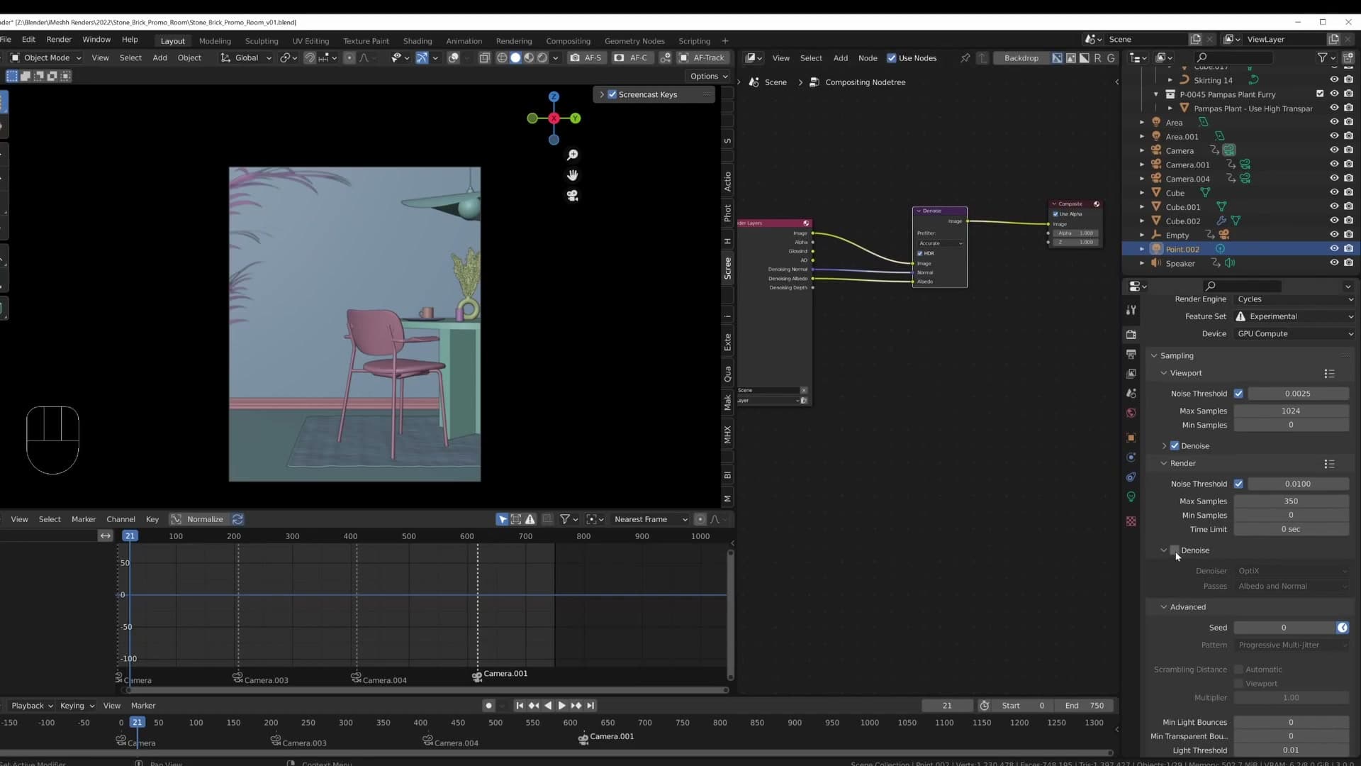 350 samples: about two minutes per frame on an RTX 3070. Denoising disabled in the render settings and handled in the compositor instead.