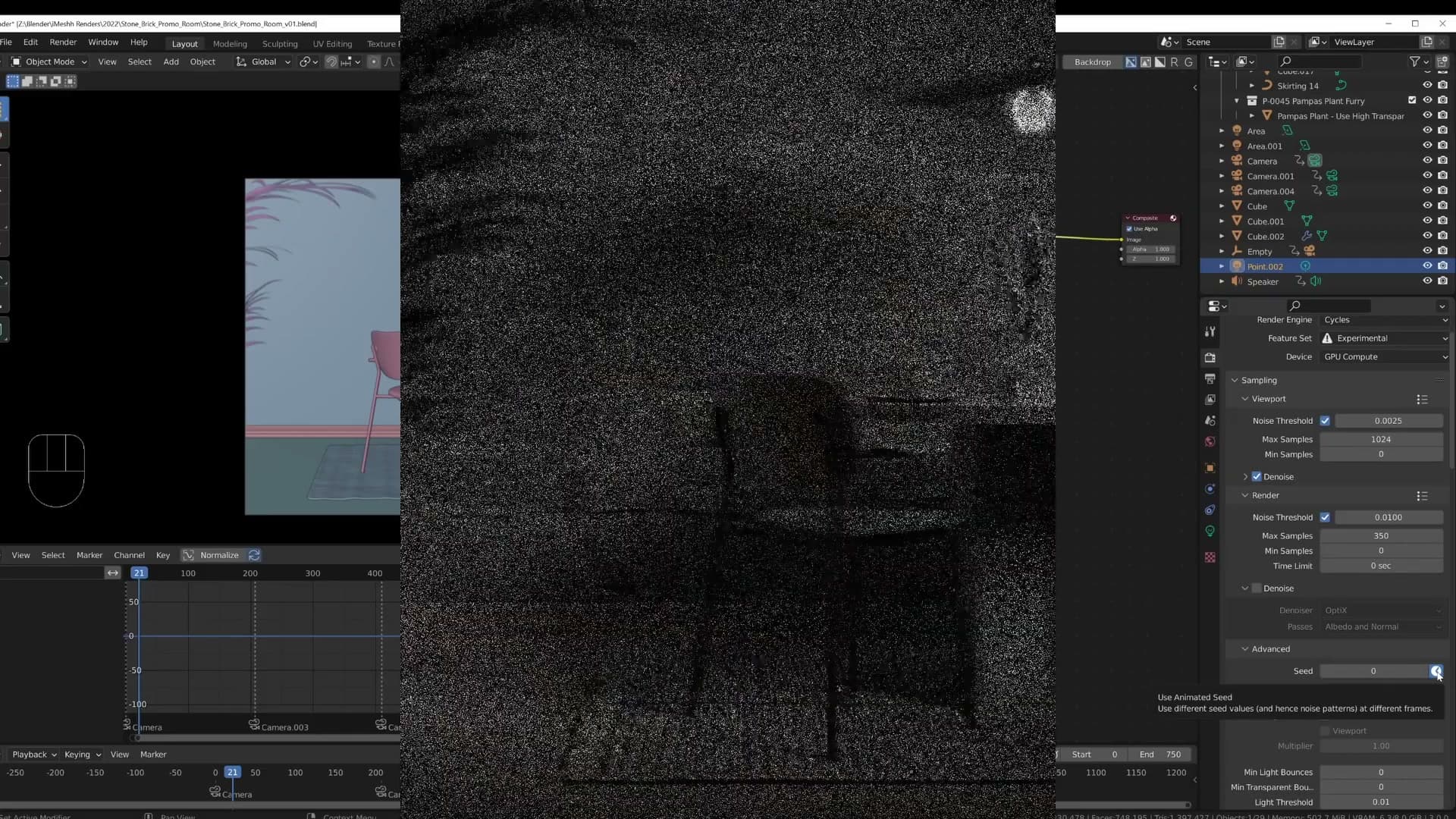 Sampling > Advanced > Animated Seed turned on. Every frame gets a fresh noise pattern so the denoiser doesn't lock noise to geometry.