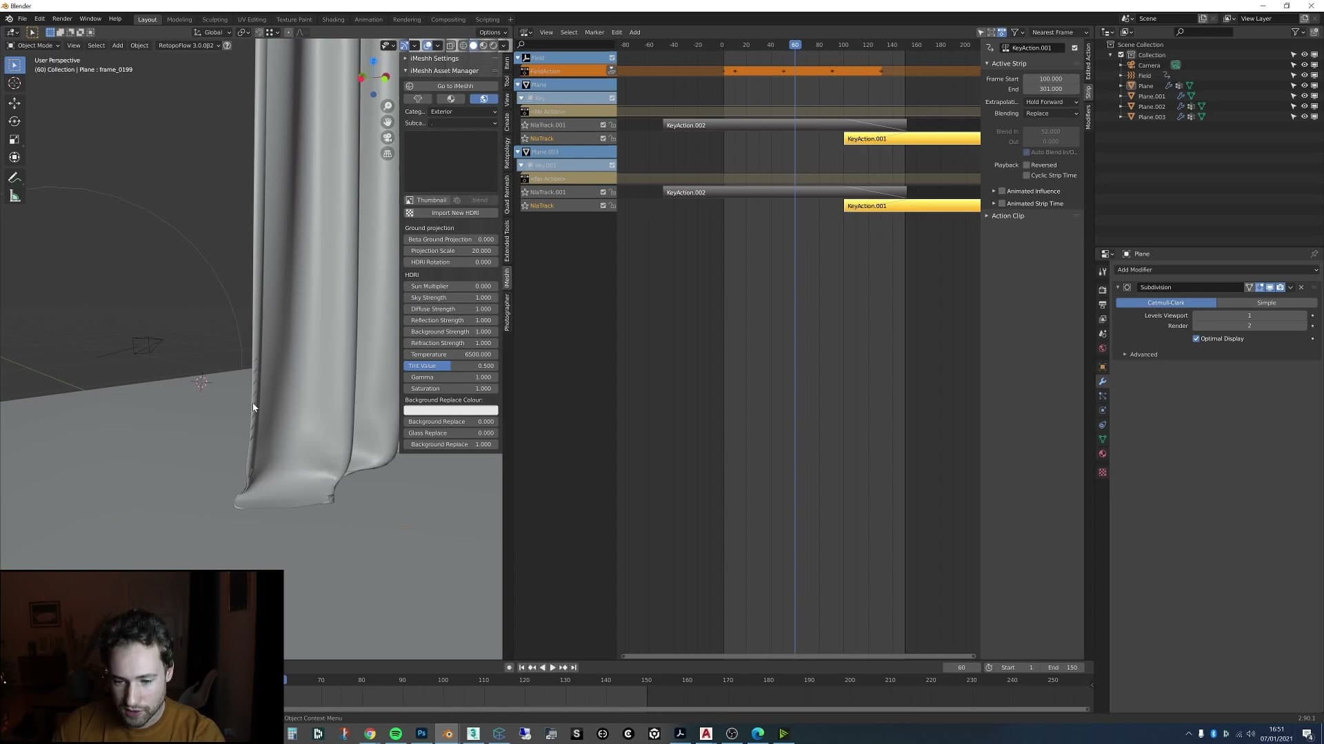 Solidify modifier at 0.01 on the hem strip. Curtains read as fake in arch-vis without that little seam.
