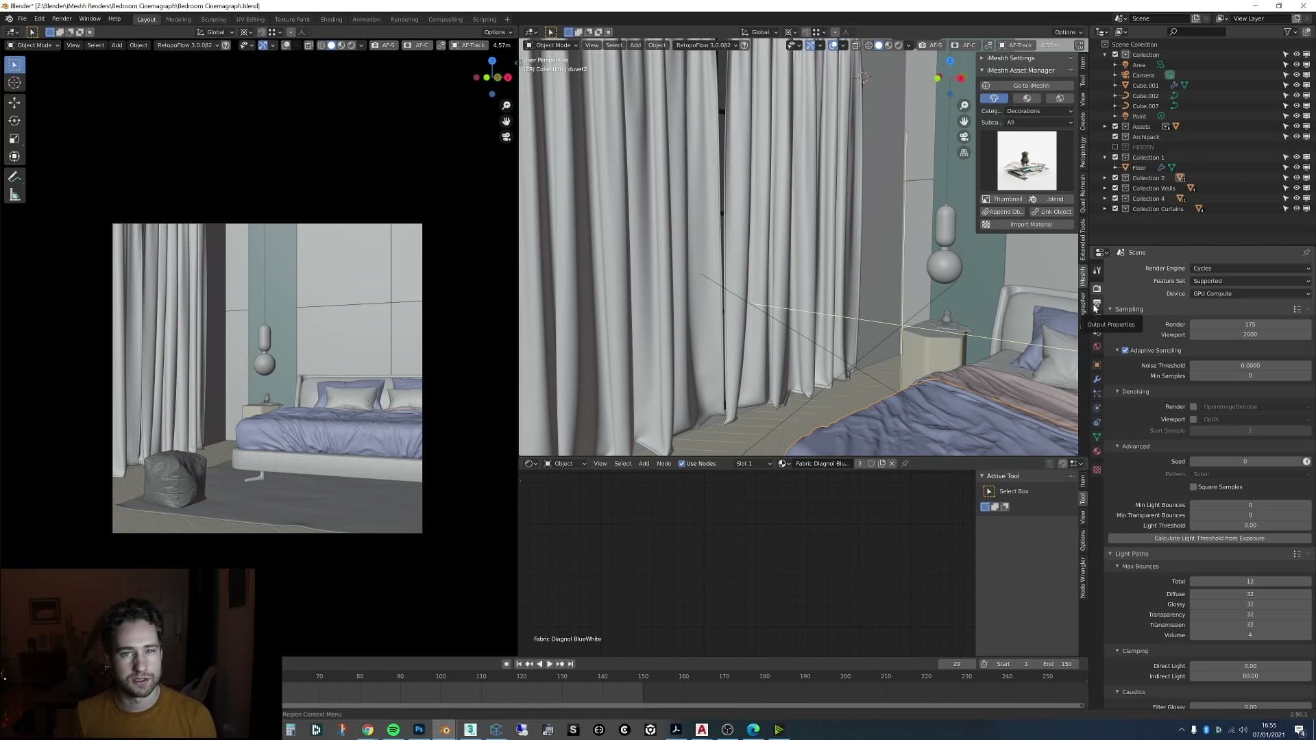 Render settings at 175 samples with denoising. The higher resolution feeds the denoiser more detail to recover.