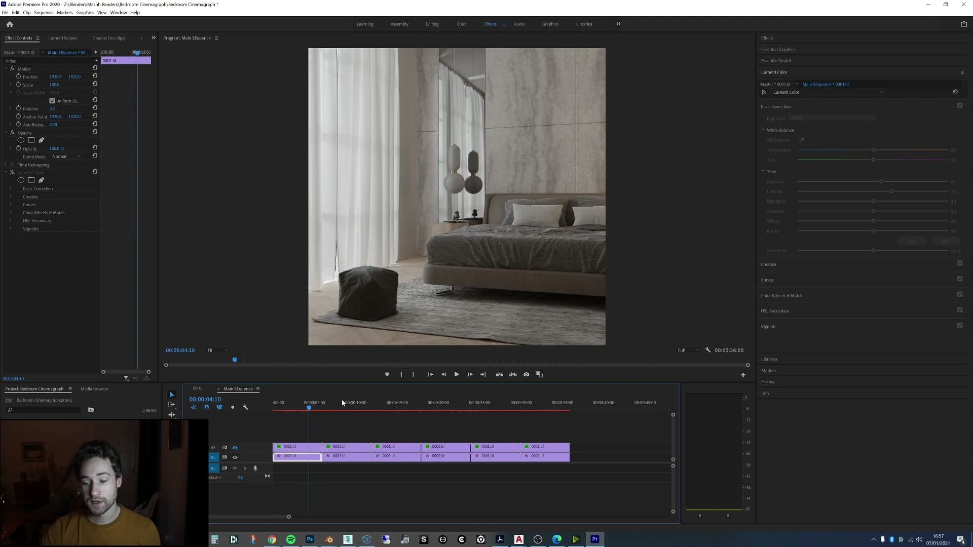 Premiere timeline: frozen still on the bottom track, the animated render on top, a feathered mask around only the curtain.