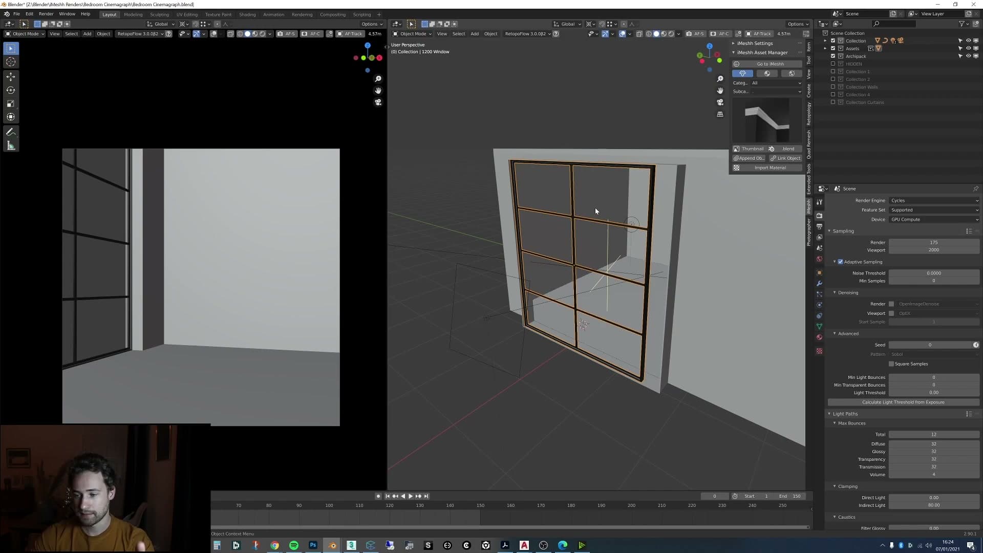 The window frame sits behind the curtain. No glass, since it would only add render time.